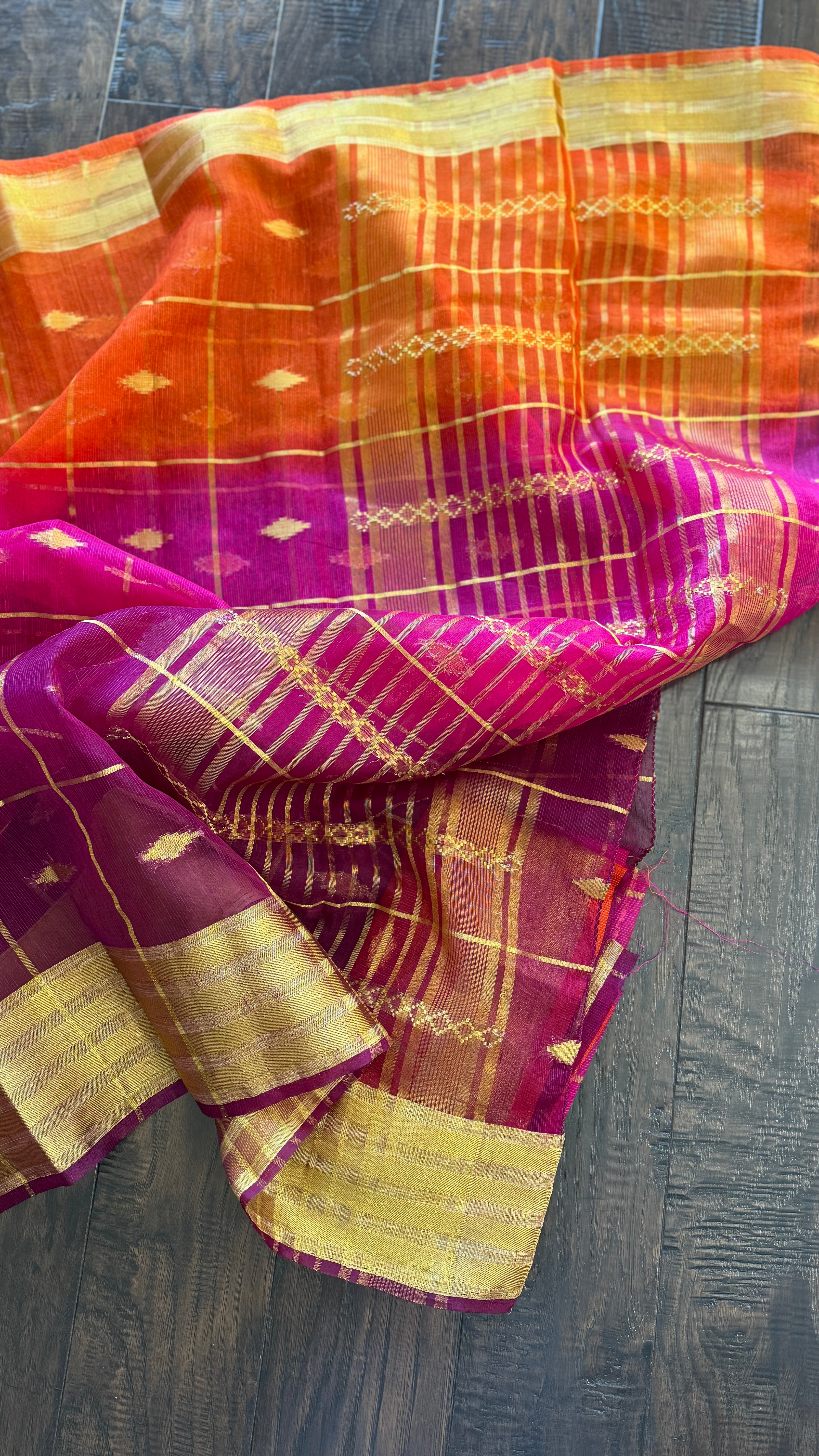Soft Dupion Cotton Saree - Orange Magenta Purple