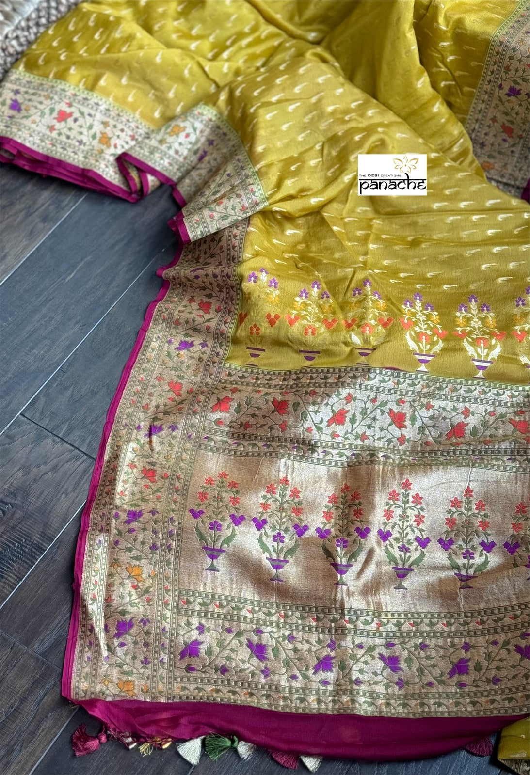 Khaddi Georgette Banarasi - Ochre Yellow Mahendi Paithani