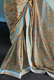 Designer Satin Maslin Kalamkari - Orange Blue