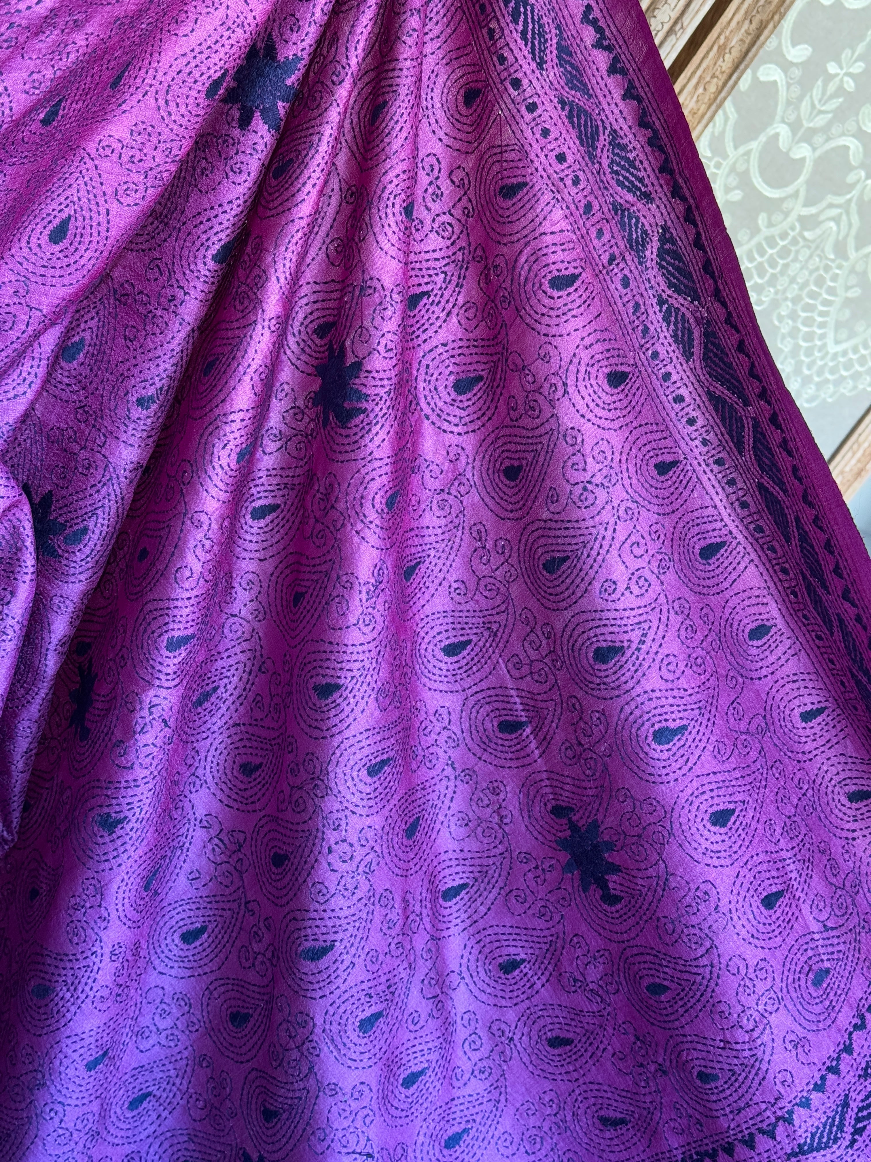 Pure Tussar Silk Kantha Stitch -  Magenta Purple Blue