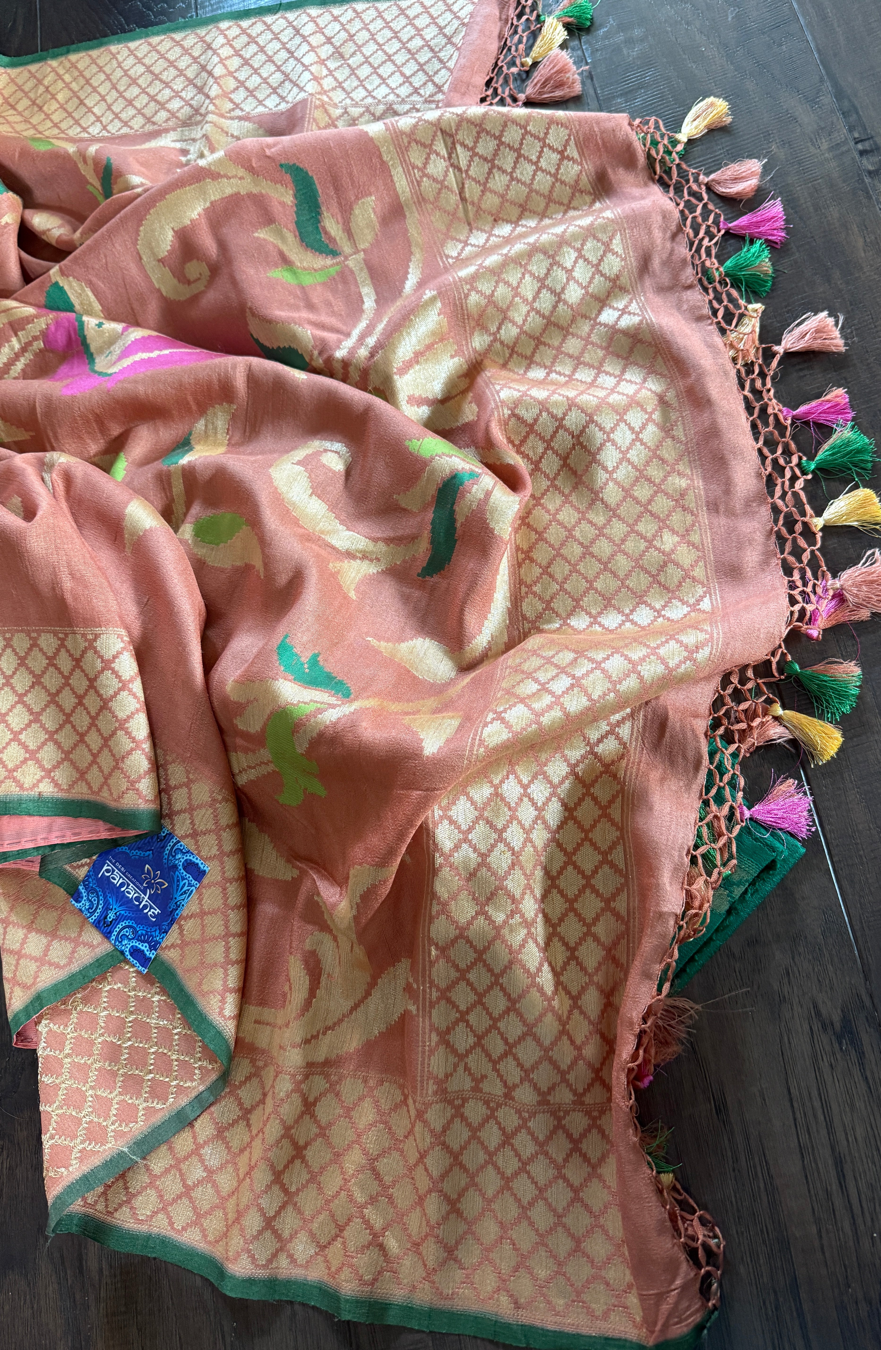 Khaddi Tussar Banarasi -  Gajri Pink Green Paithani