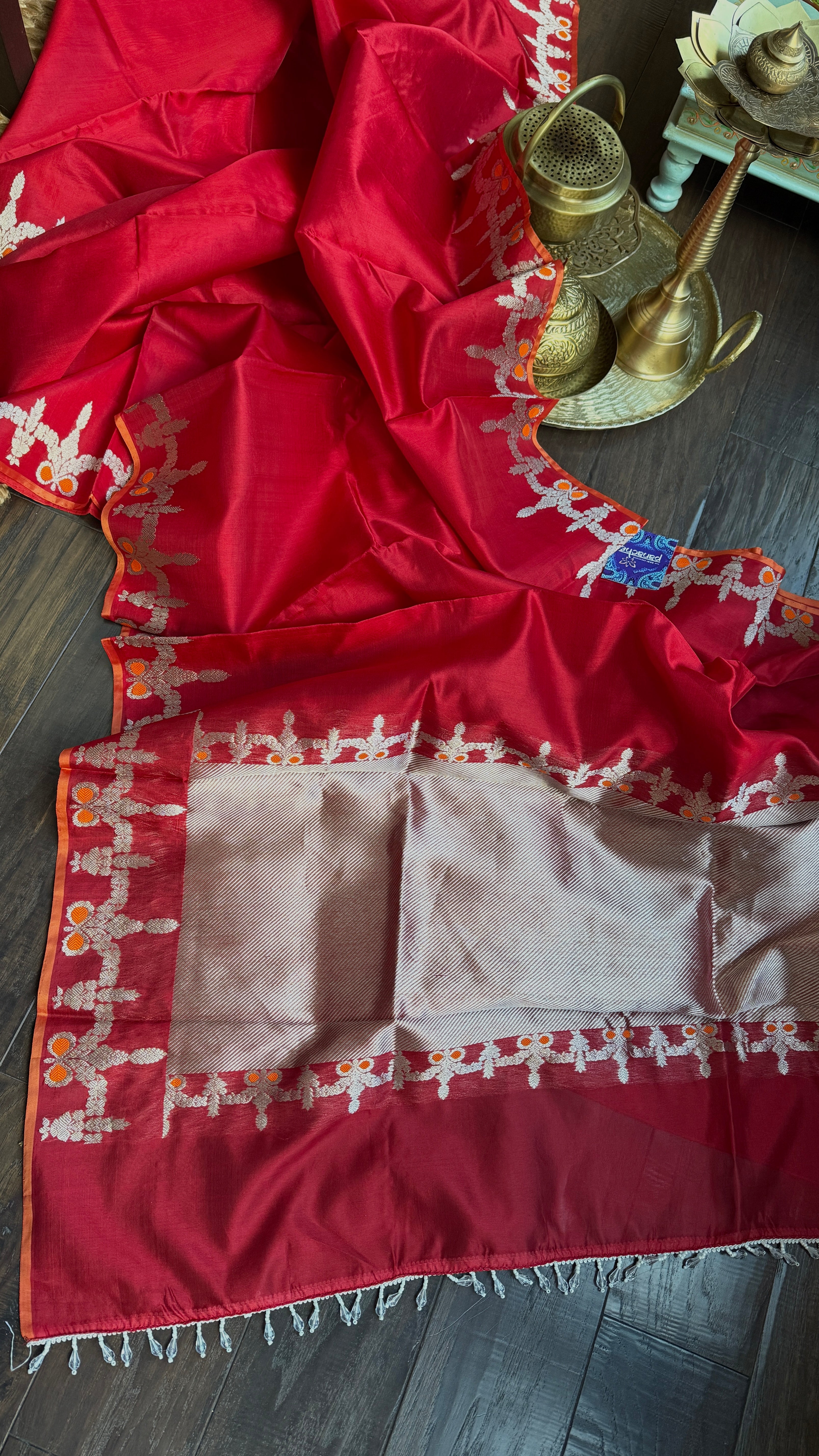 Pure Chanderi Pattu Silk - Red Silver Zari