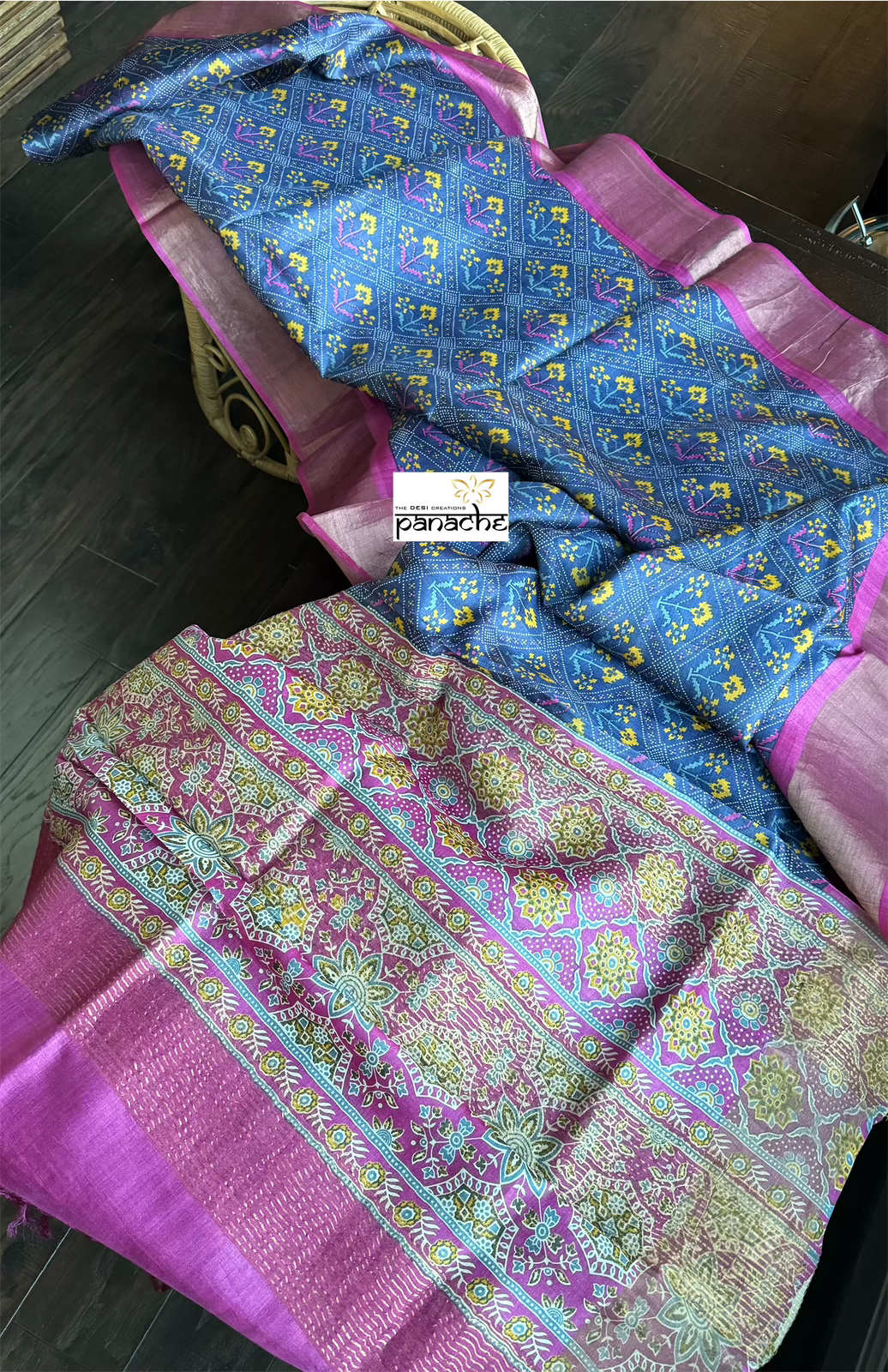 Pure Tussar Silk Digital Printed -  Blue Magenta Patola