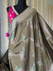 Soft Silk Banaras Saree - Cement Grey Meenakari