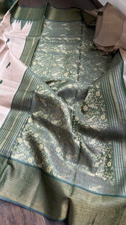 Pure Tussar Silk - Beige Dark Moss Green