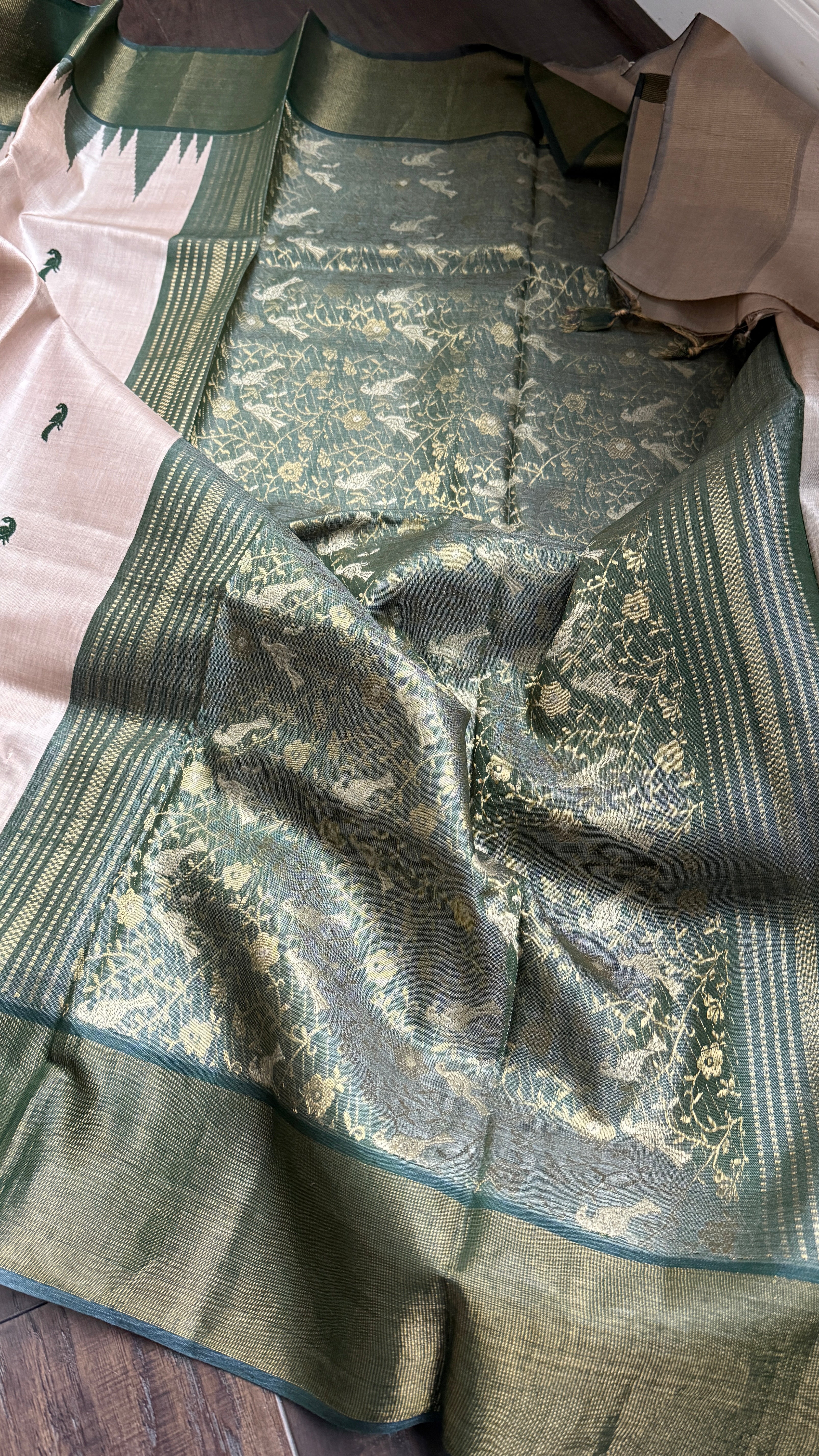 Pure Tussar Silk - Beige Dark Moss Green