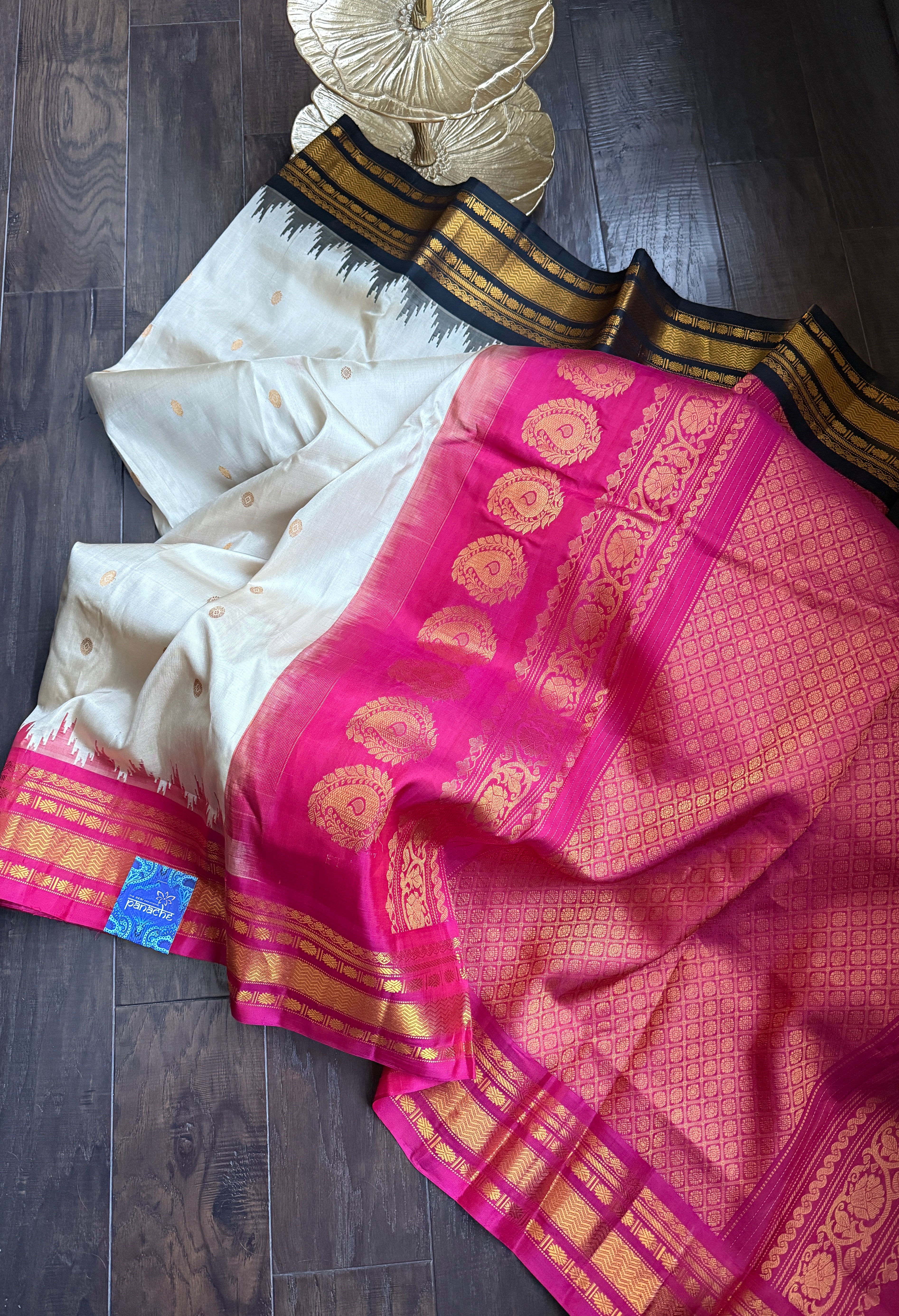 Pure Silk Gadwal - Tan Magenta Pink