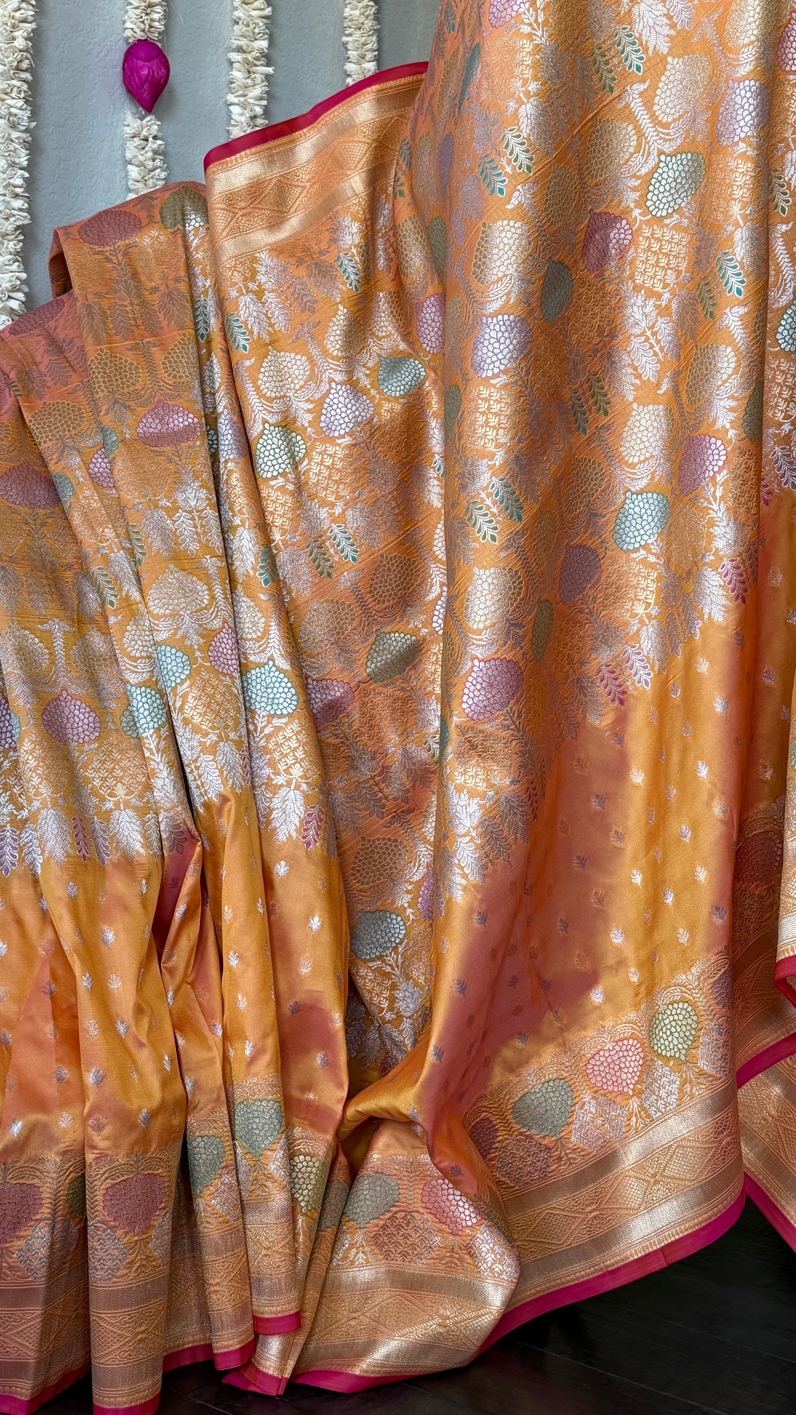 Soft Silk Banaras Brocade Saree - Orange Peach Dual Tone