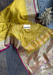 Khaddi Georgette Banarasi - Ochre Yellow Mahendi Paithani