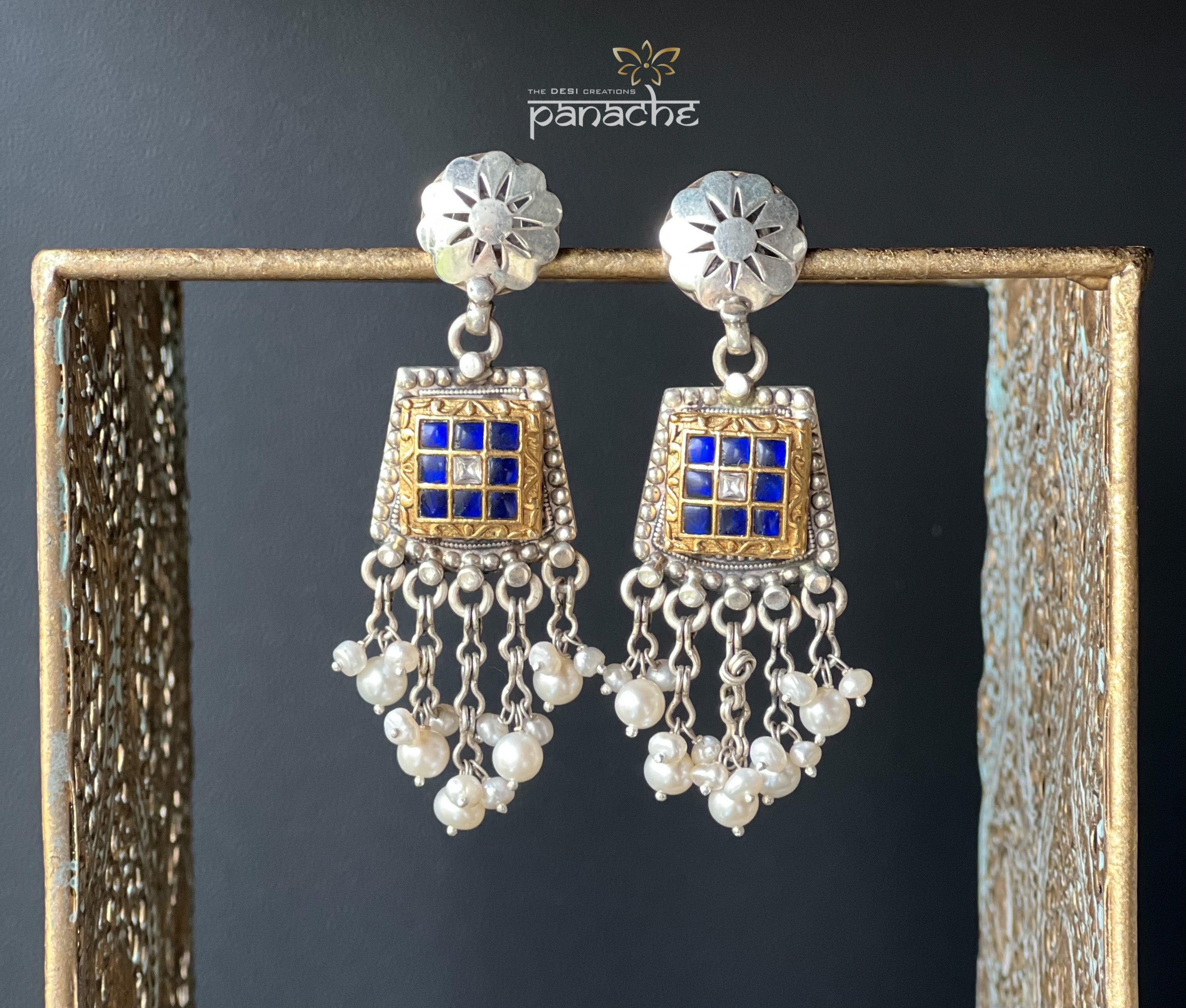 Earring 925 Silver- Square Blue Kundan drop
