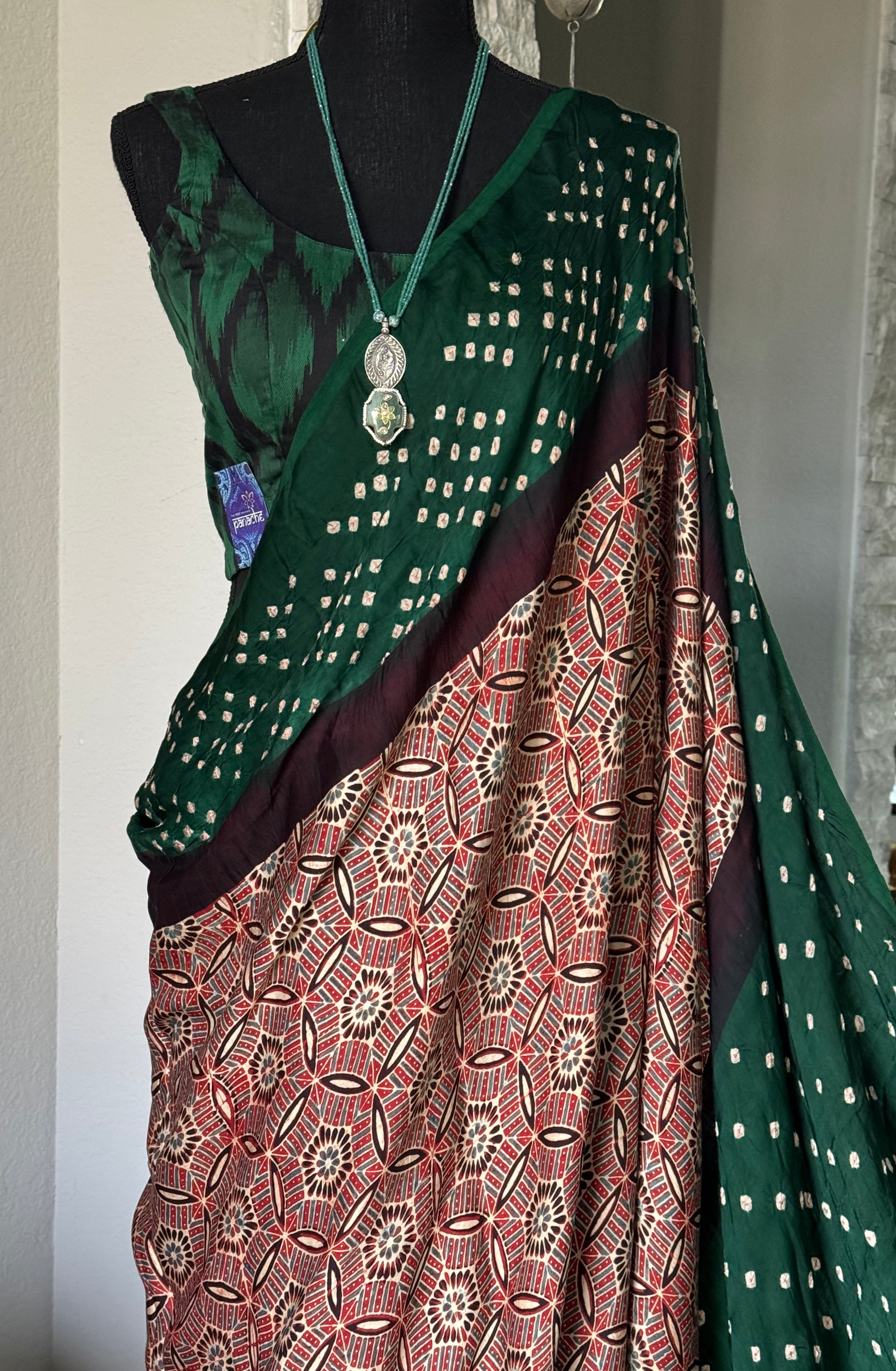 Modal Silk Ajrakh Bandhej - Maroon Green