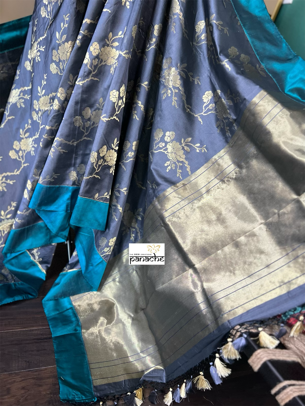 Pure Silk Katan Banarasi - Grey Teal Blue