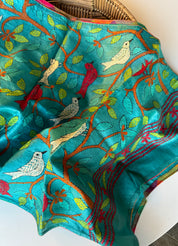 Pure Tussar Silk Stole - Firozi Color Kantha Stitch
