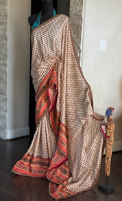 Satin Maslin Silk Printed - Beige Maroon Green