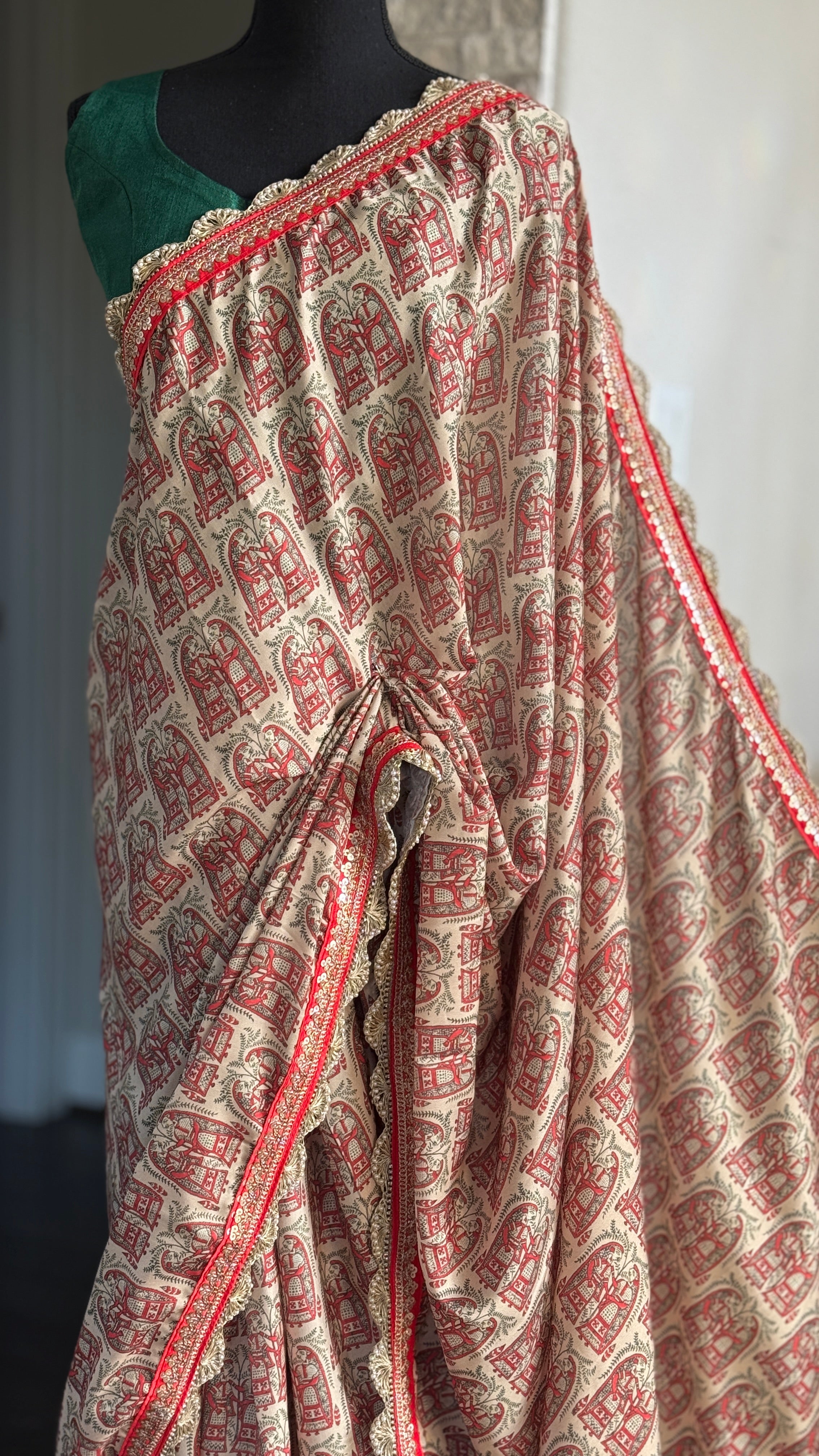 Designer Soft Silk - Beige Red Figurines Printed