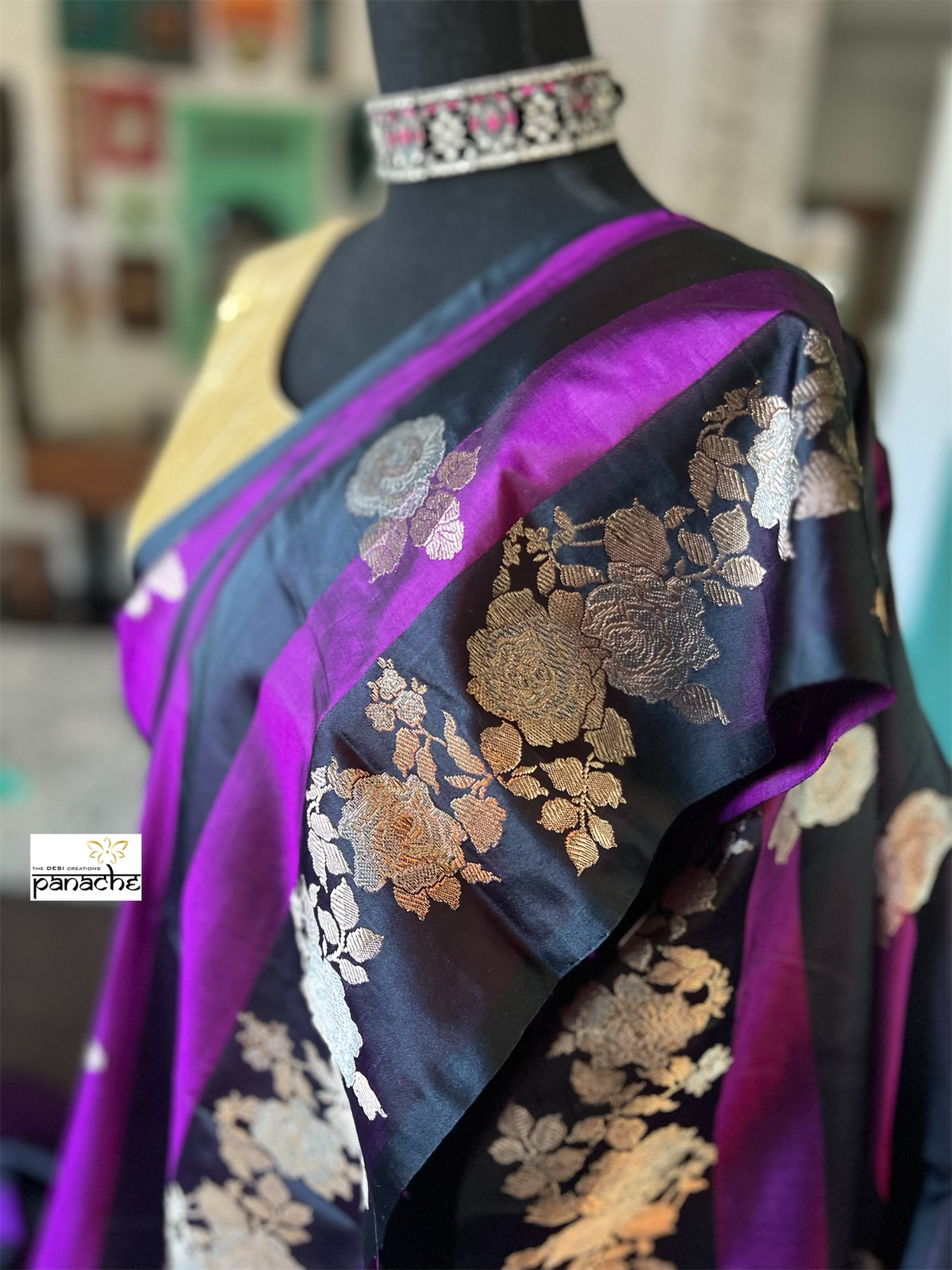 Pure Silk Mashru Banarasi- Black Purple Antique Zari