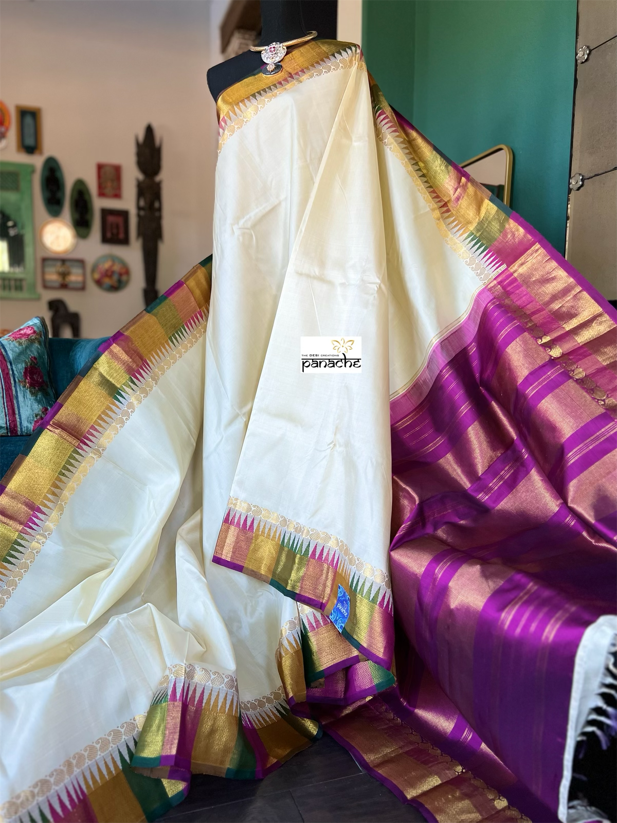 Silk Kanjivaram - Cream Purple Rangkat