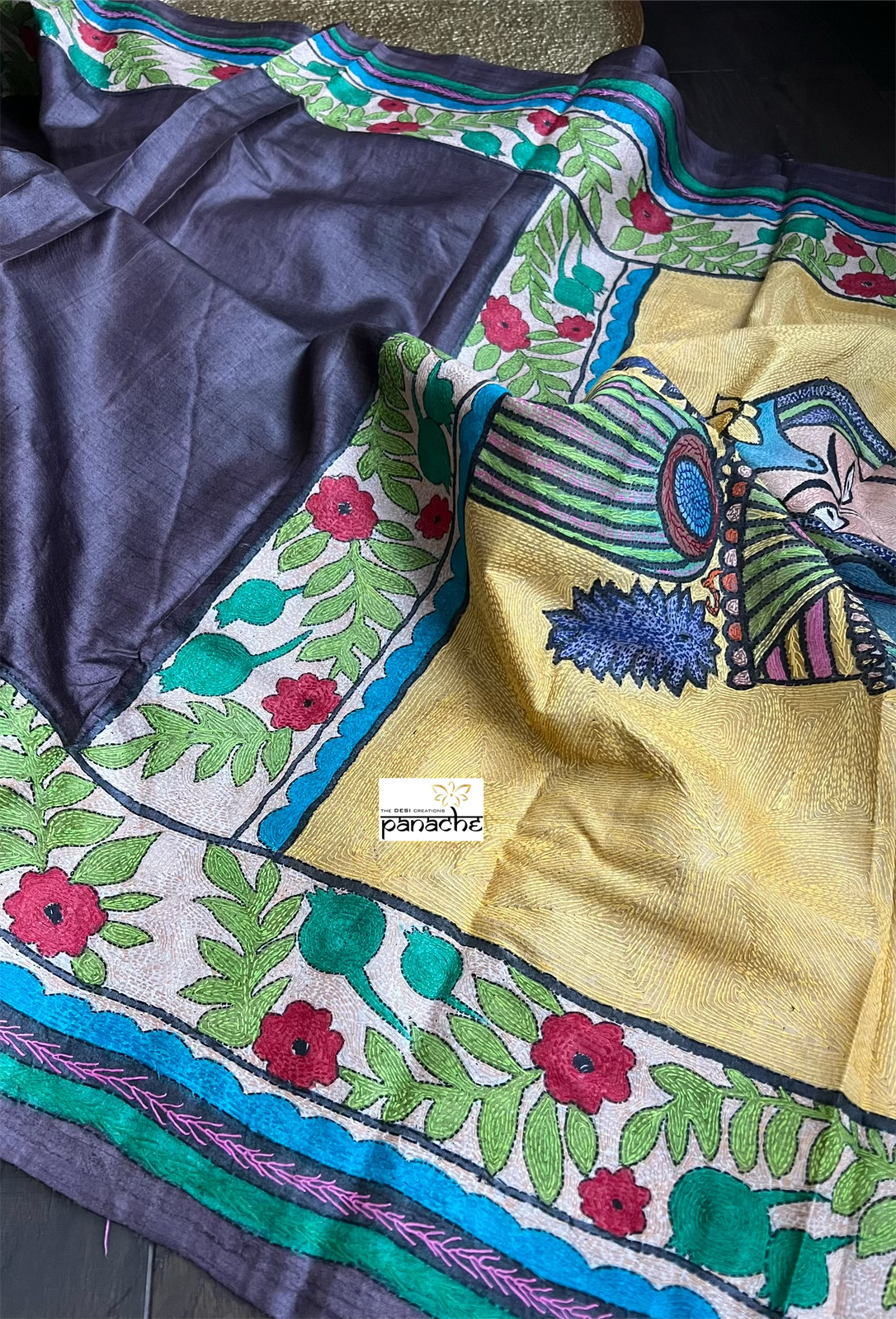 Pure Tussar Silk Sujni Kantha Stitch - Eggplant color Radha-Krishna