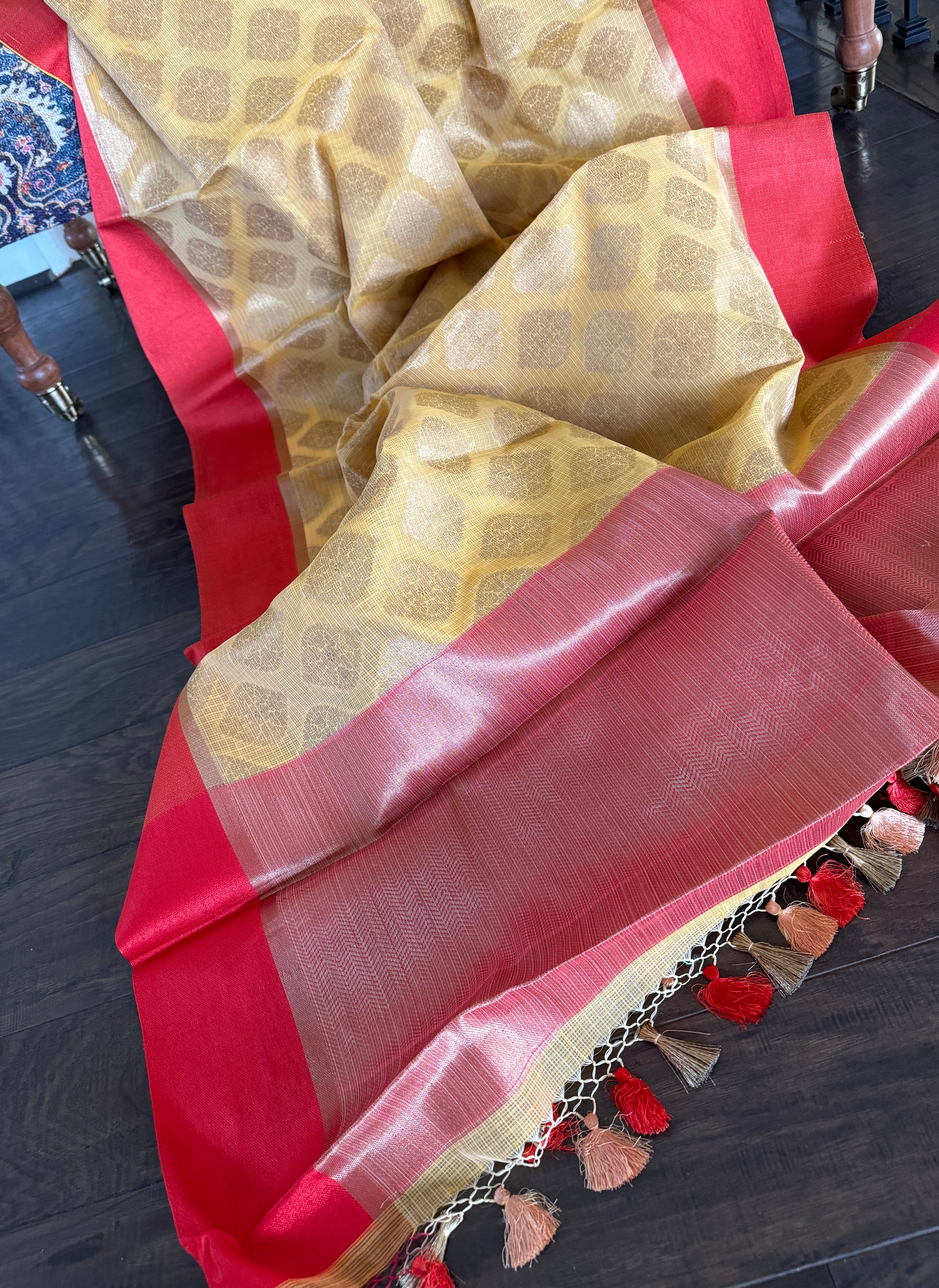 Cotton Silk Banaras Chanderi - Yellow Red