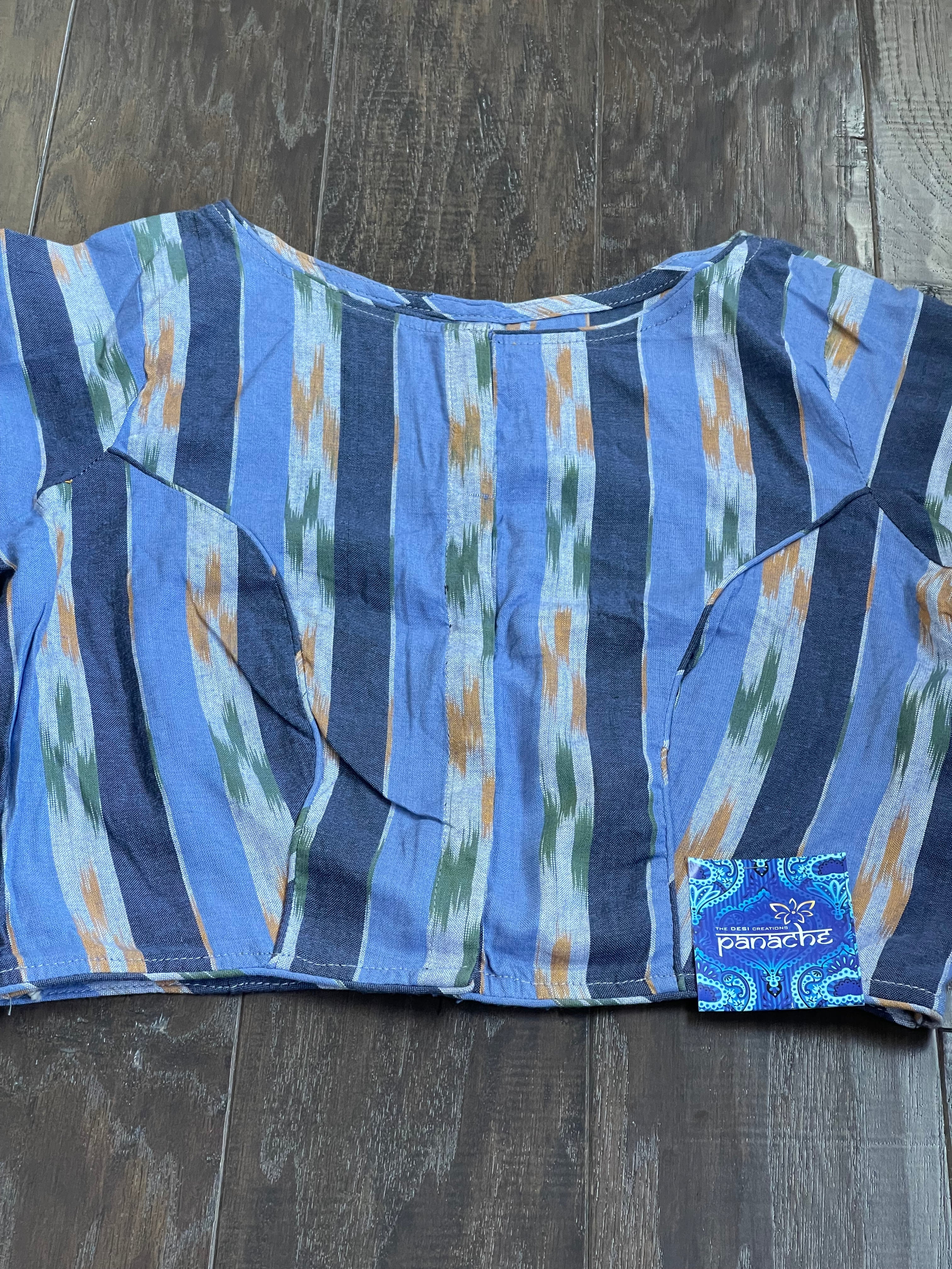 Designer Cotton Blouse - Light Dark Blue Ikat