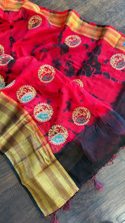 Soft Dupion Tie-Dye Saree - Red Black