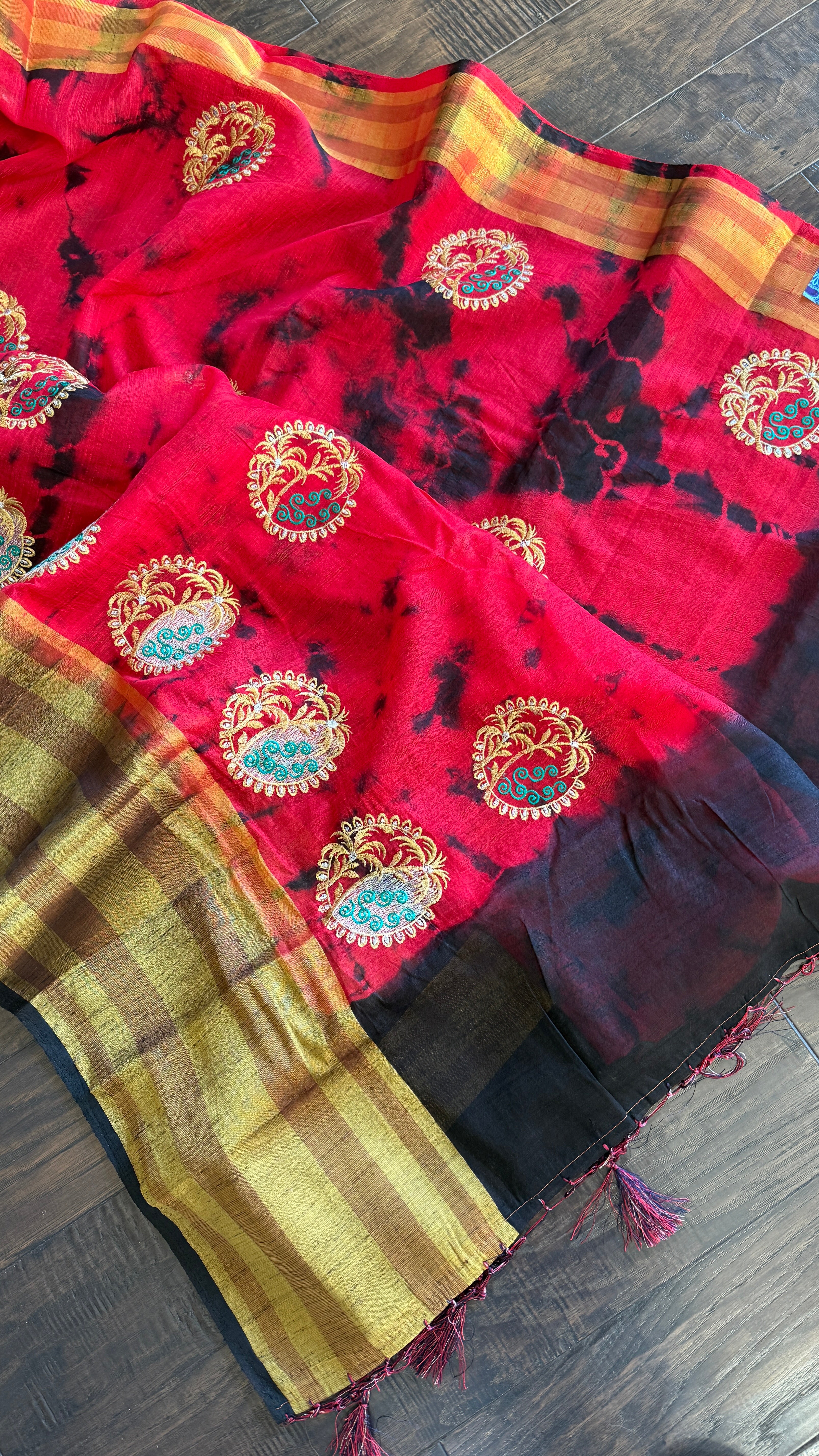Soft Dupion Tie-Dye Saree - Red Black