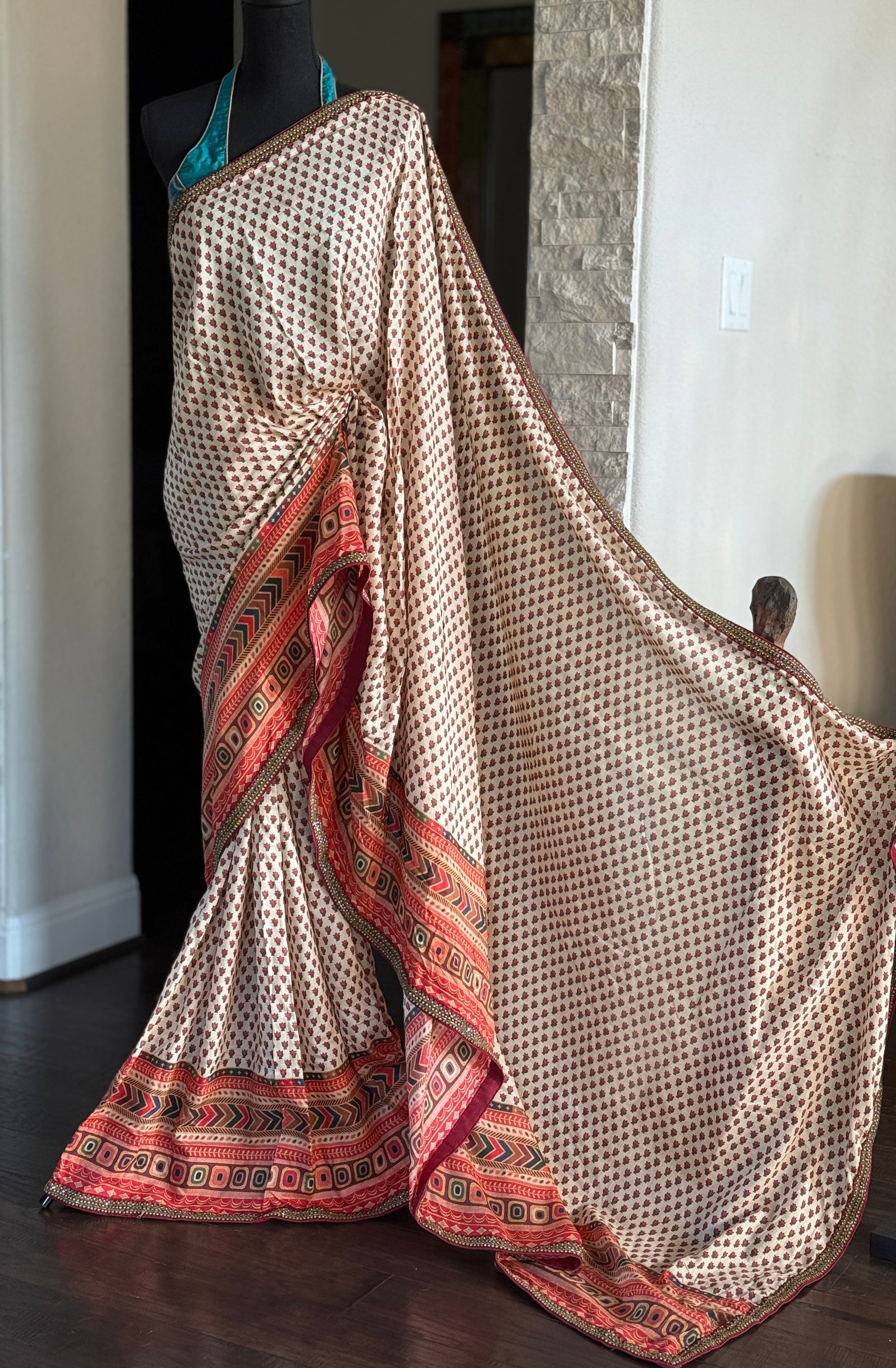 Satin Maslin Silk Printed - Beige Maroon Green