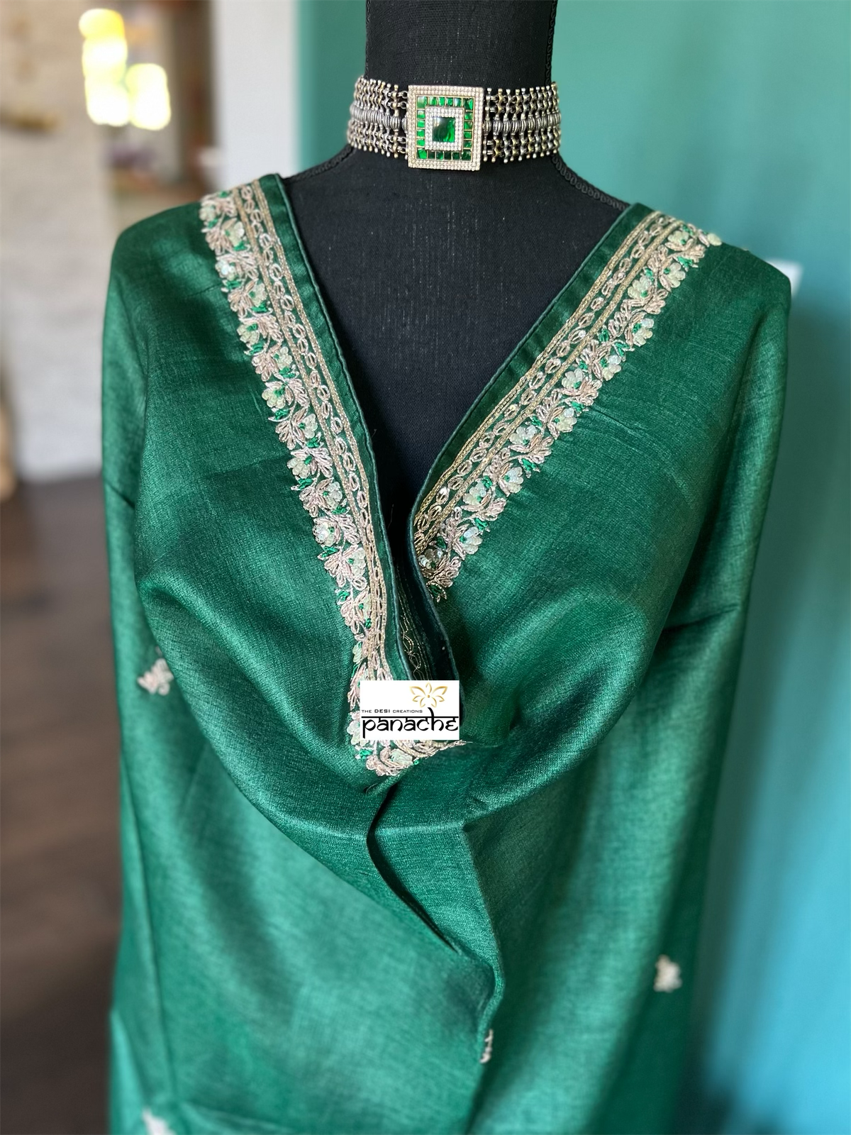 Designer Tussar Silk - Green Hand Embroidered