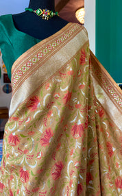 Tussar Georgette Banarasi - Ochre Yellow Green Kadwa