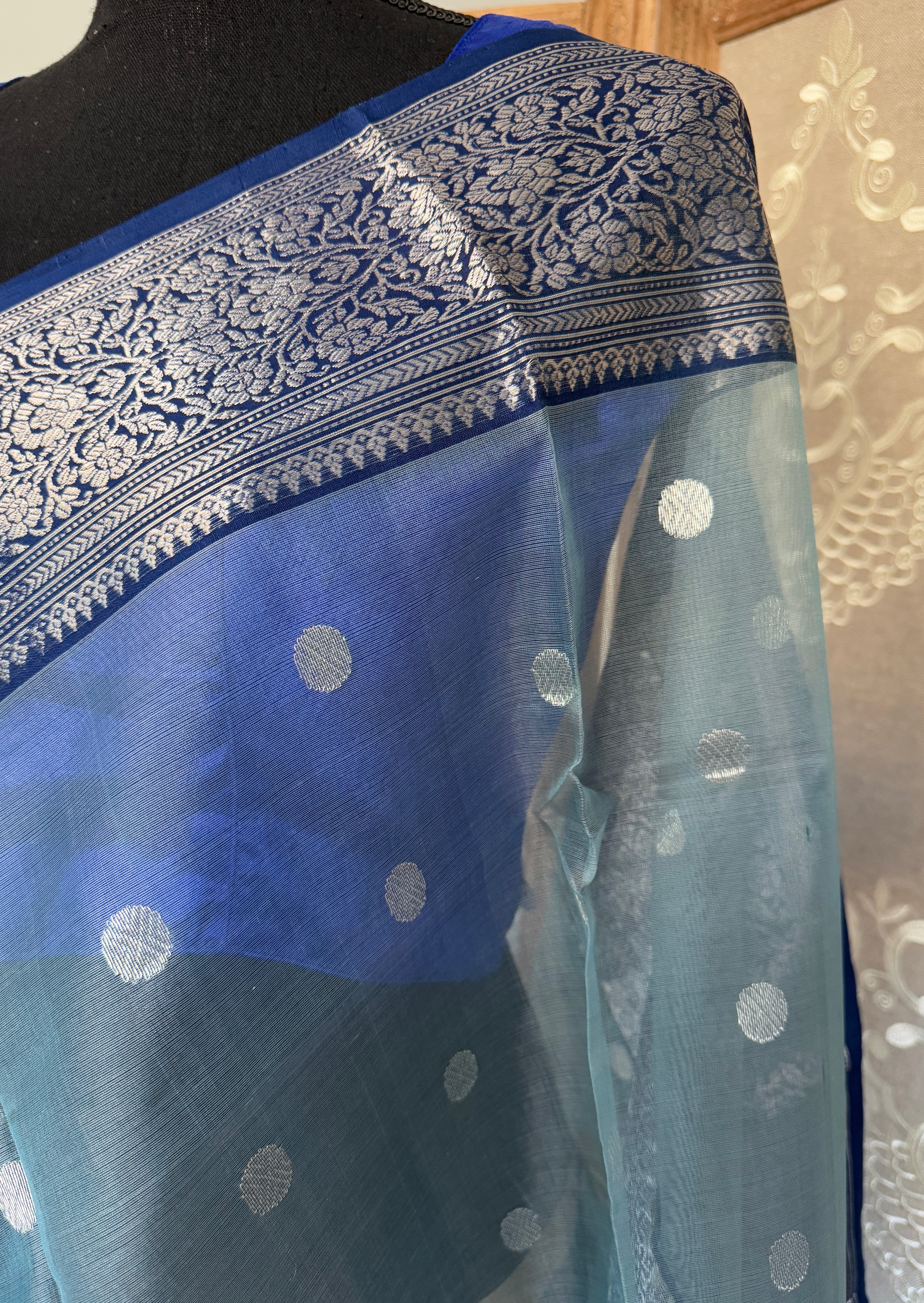 Chanderi Organza Silk - Light Aqua grey Blue