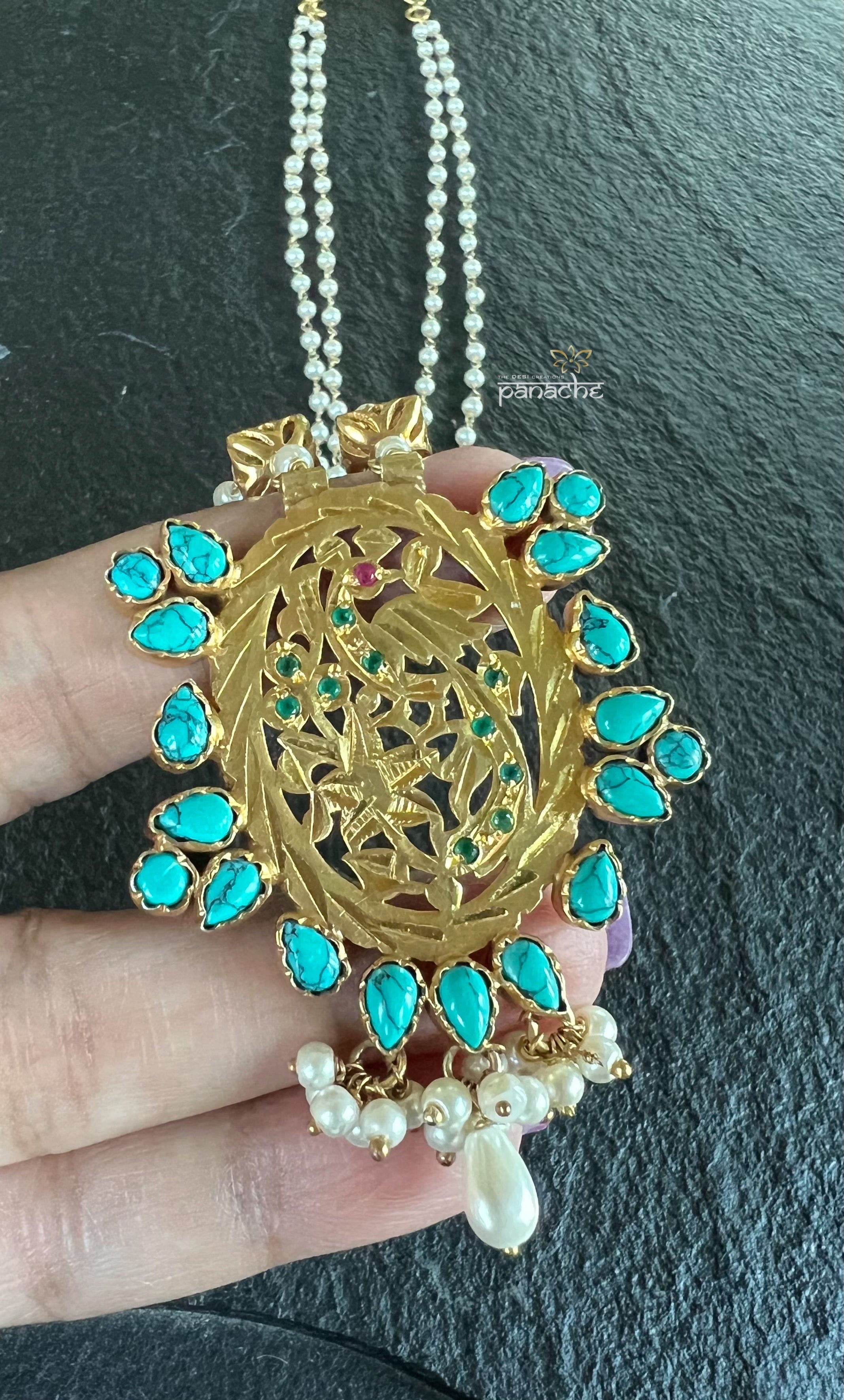 Silver Beaded Necklace - Odissa pendent Turquoise Pearl