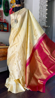 Pure Silk Borderless Kanjivaram - Butter Yellow Magenta Woven
