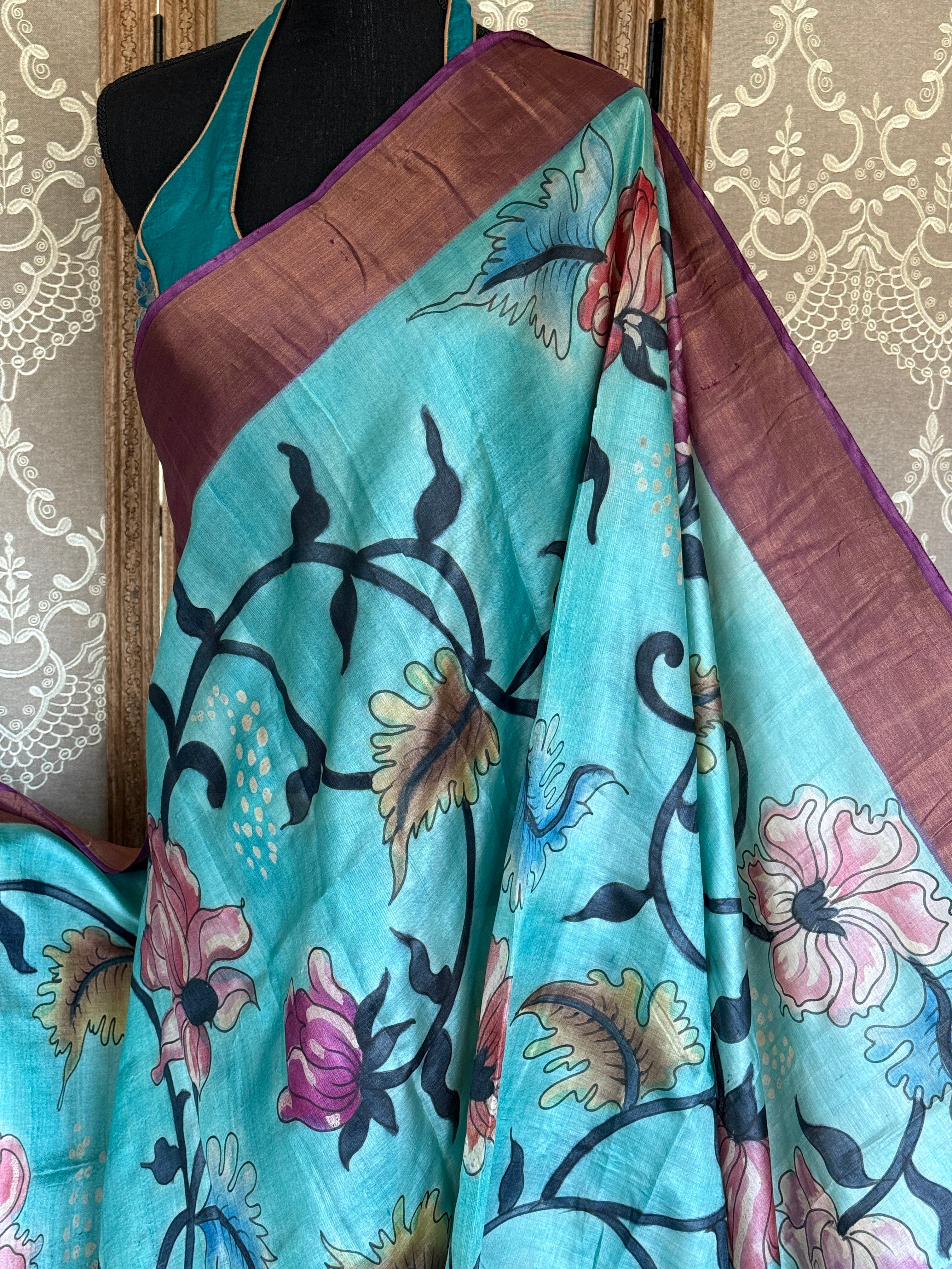 Pen Kalamkari - Aqua Blue Tussar Silk