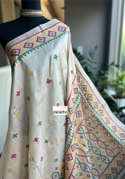 Pure Tussar Silk Gujrati Stitch -  Tussar Color Green Red