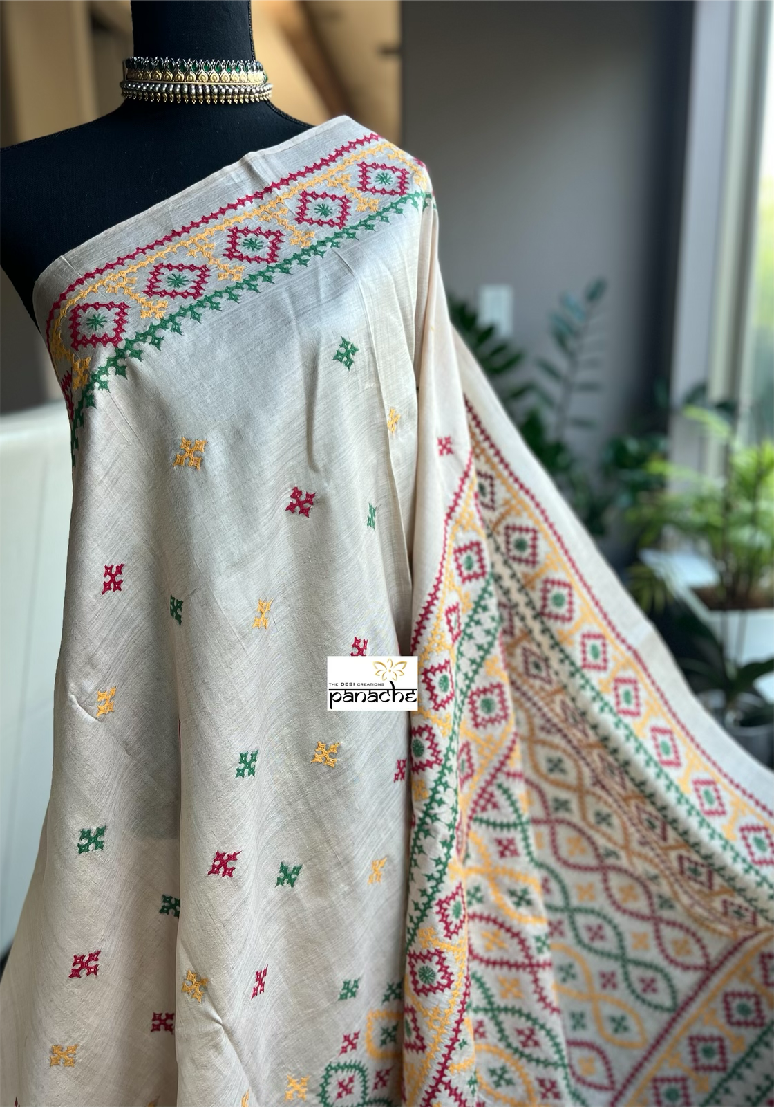 Pure Tussar Silk Gujrati Stitch - Tussar Color Green Red