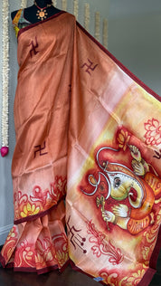 Hand Painted Tussar Silk - Rust Ganesha