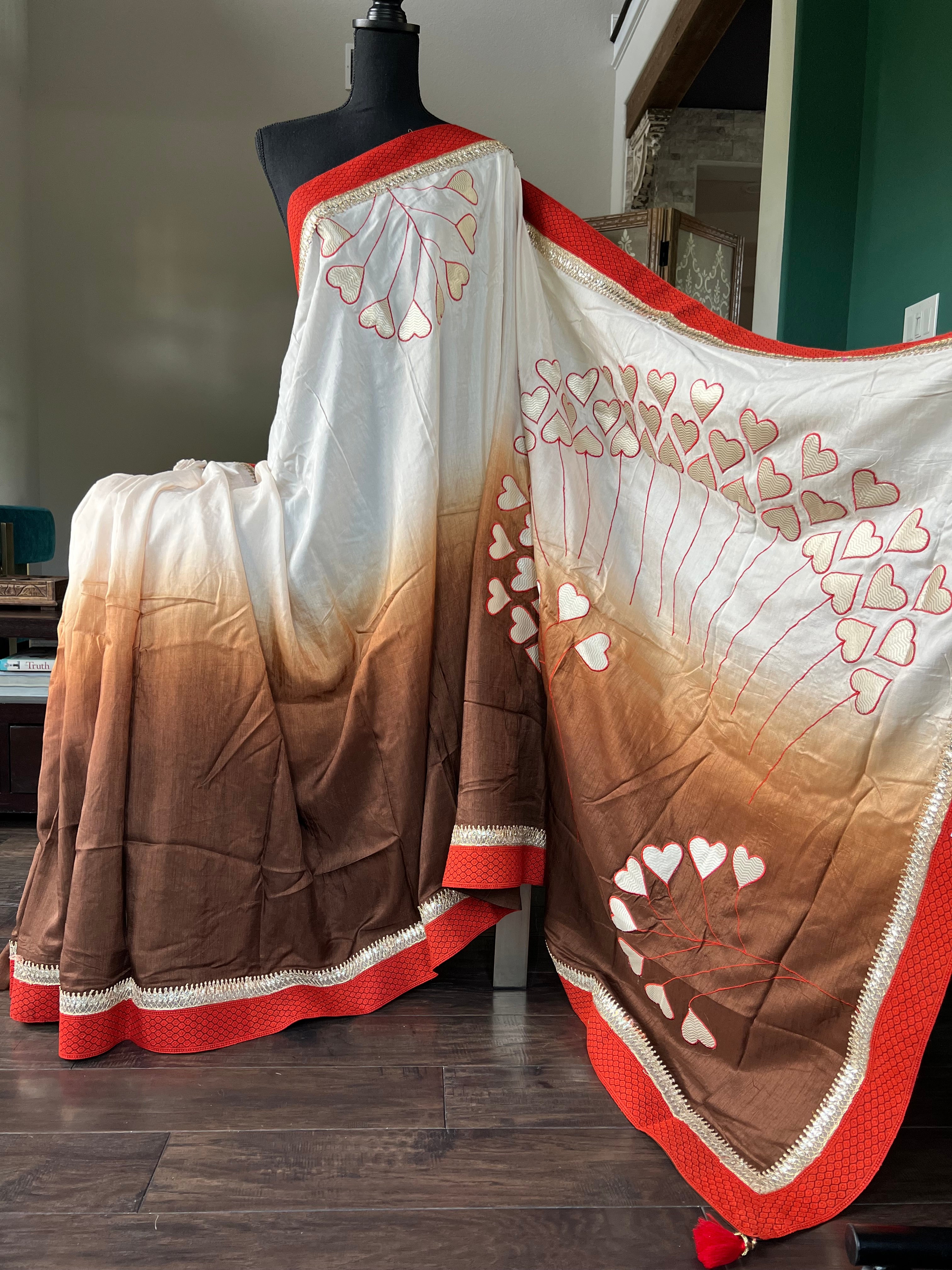 Designer Soft Silk Appliquéd Embroidered - Offwhite Brown Masaba Inspired