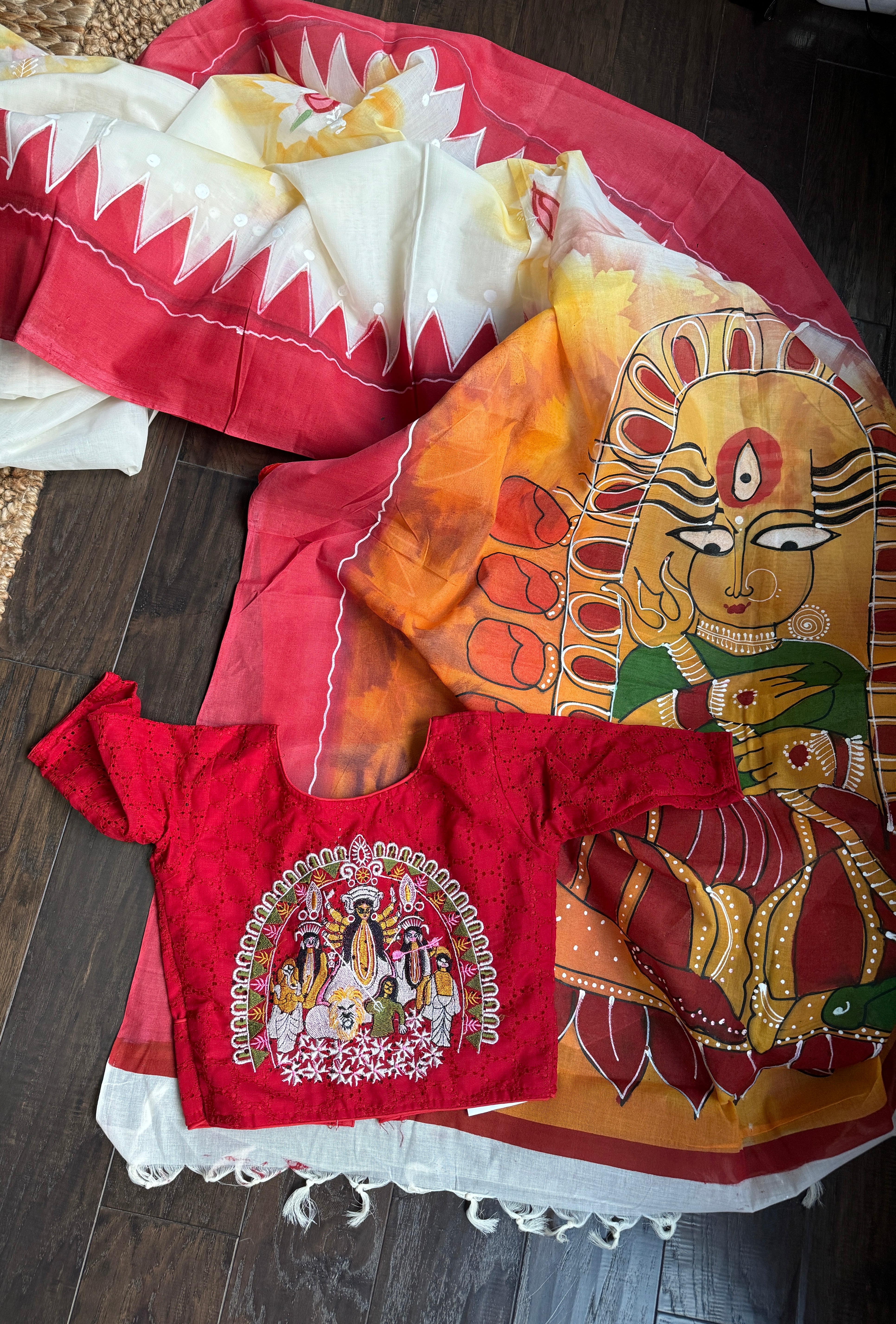 Designer Durga Blouse - Red Woven Hakoba