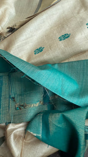 Pure Tussar Silk - Beige Teal Green