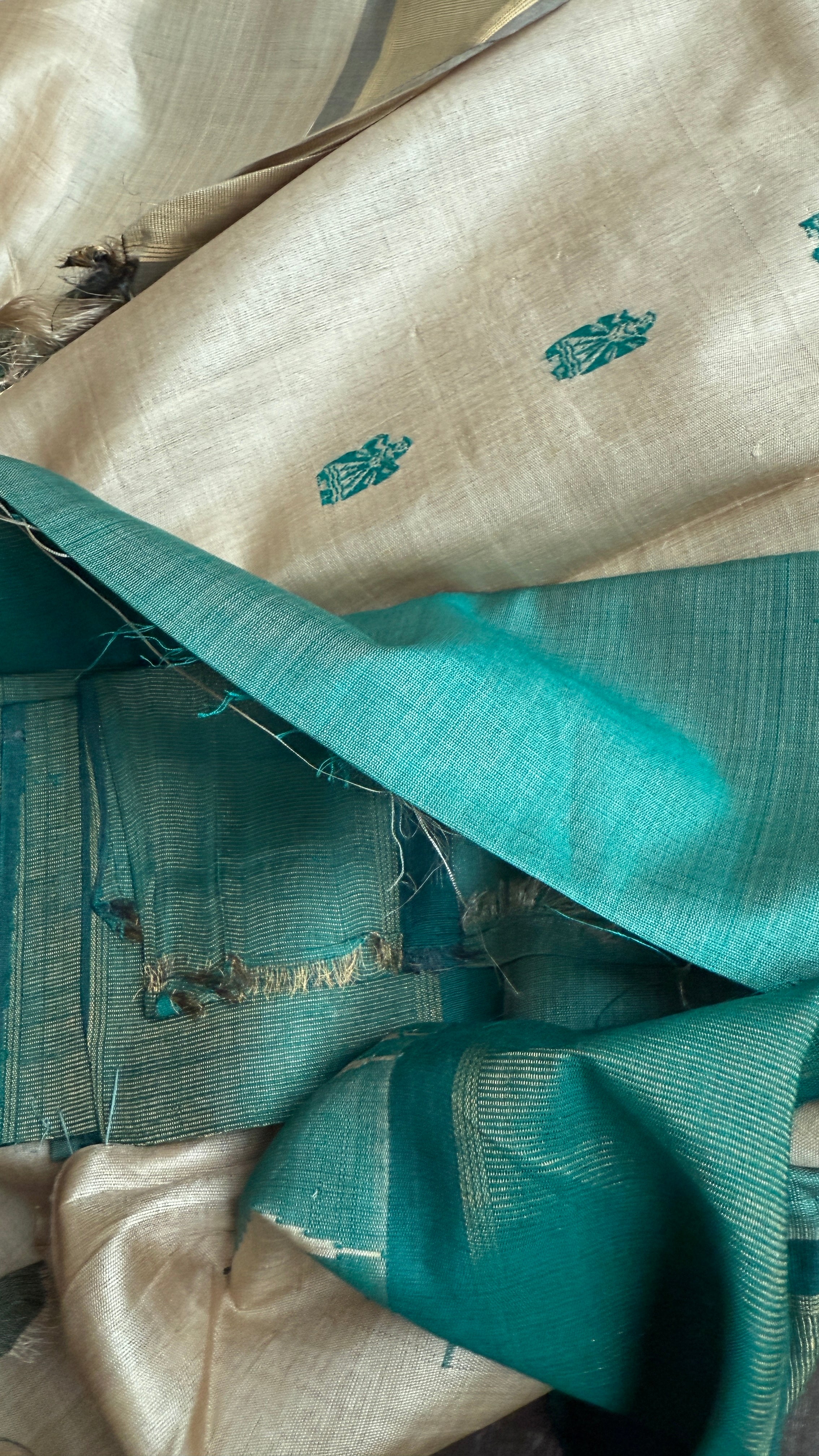 Pure Tussar Silk - Beige Teal Green