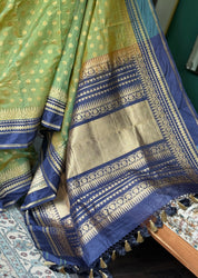 Organza Katan Silk Banarasi -  Pista Green Blue Kadwa