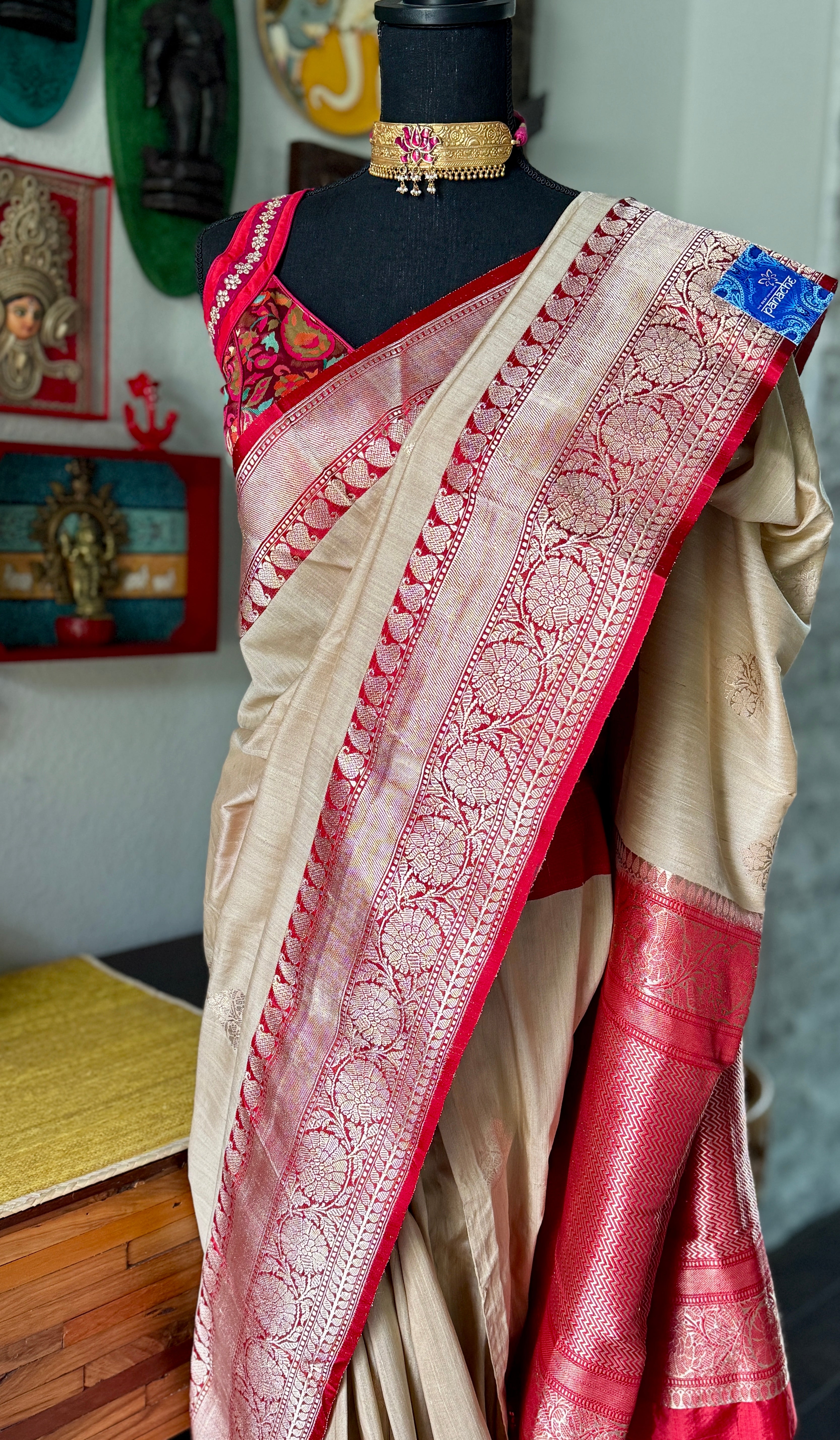Tussar Silk Banarasi - Tan Beige Red