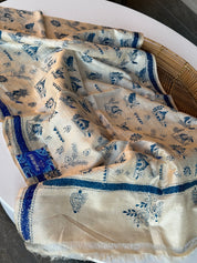 Pure Tussar Silk Stole - Beige Blue Kantha Stitch