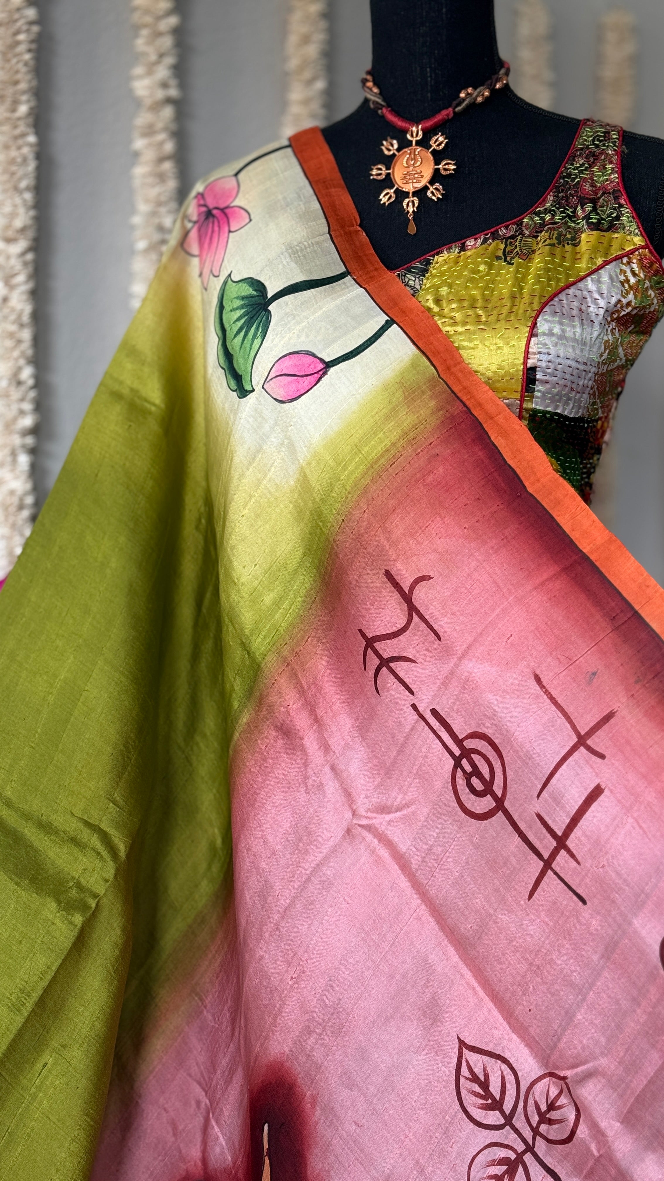 Hand Painted Tussar Silk - Mehendi Green Ganesha