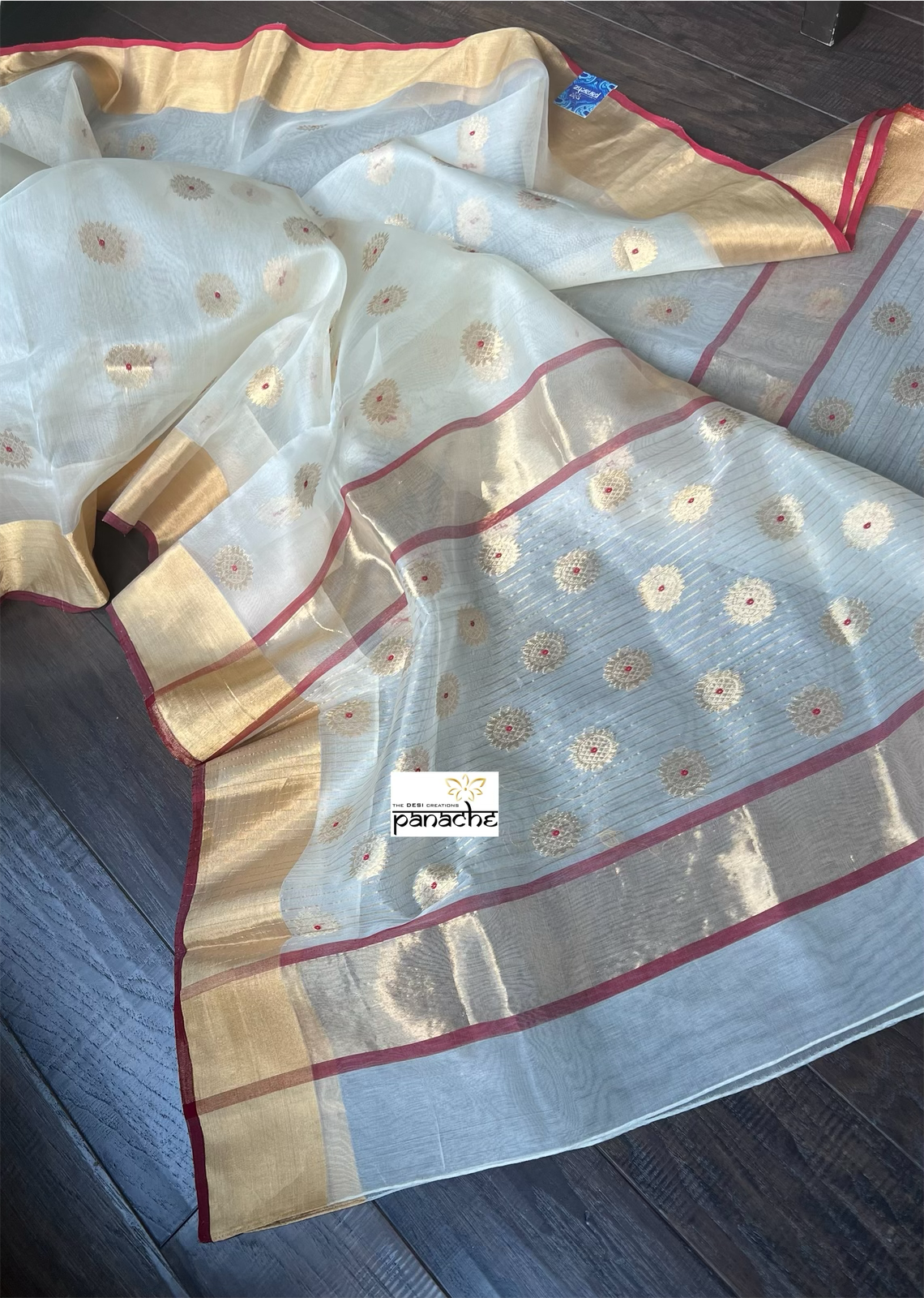 Pure Chanderi Organza Silk - Beige Golden Red Iknaliya