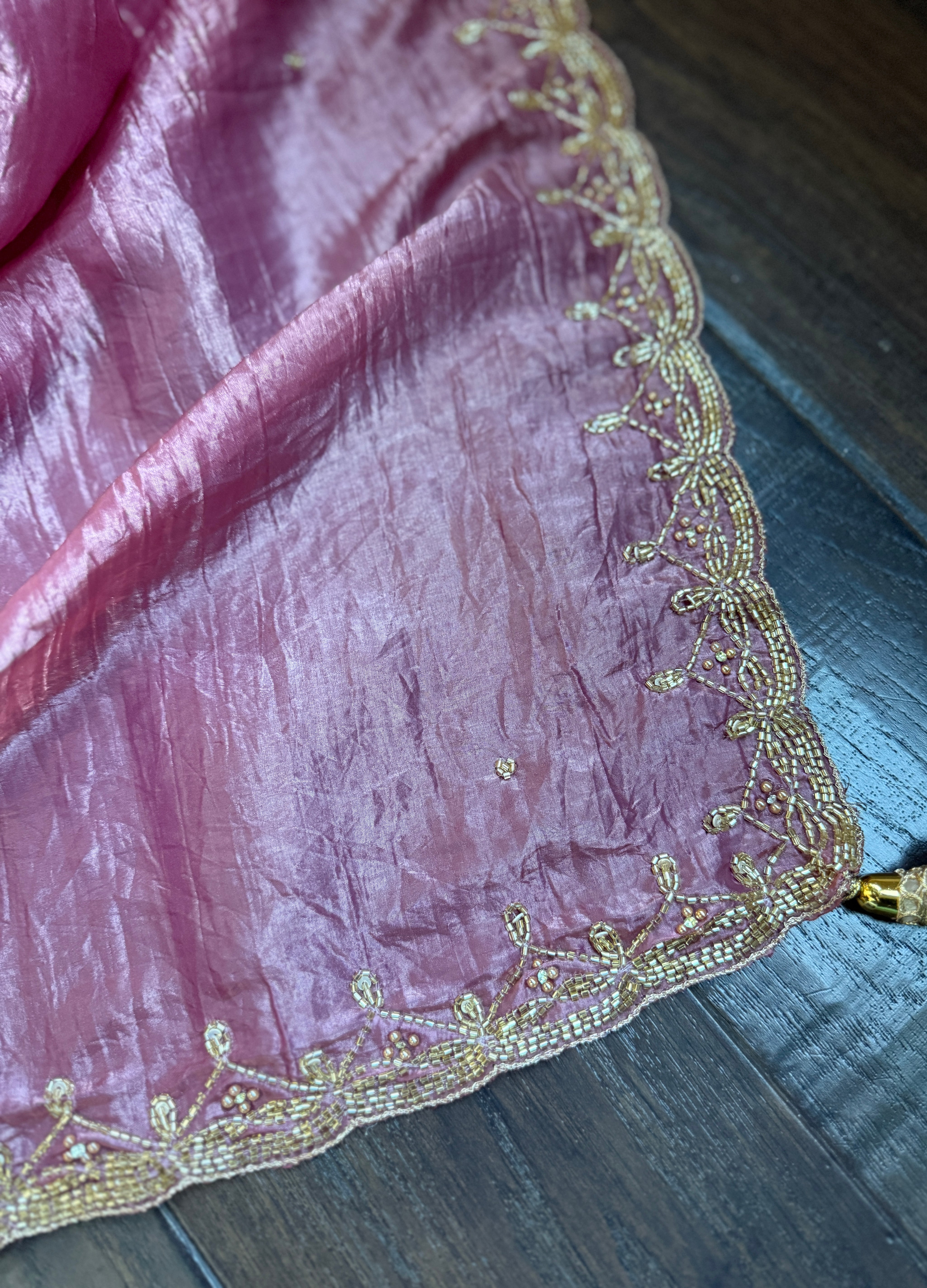 Designer Crushed Tissue Silk - Onion Pink Embroidered