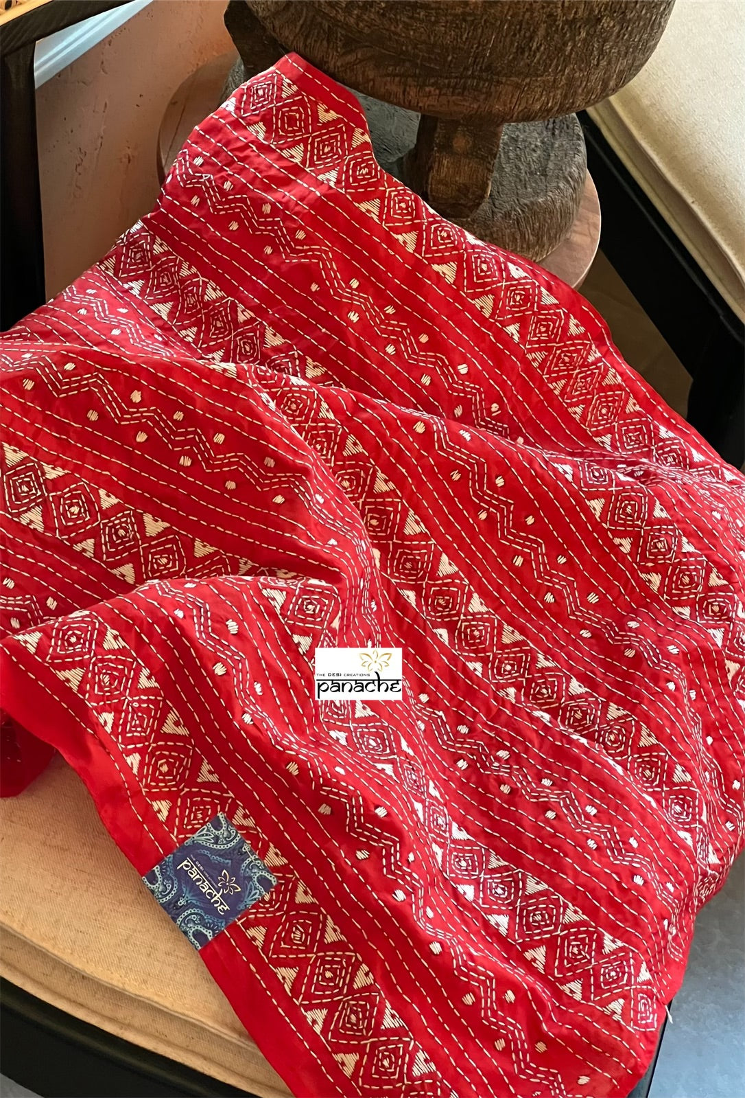Pure Khadi Silk Stole - Red Kantha Stitch