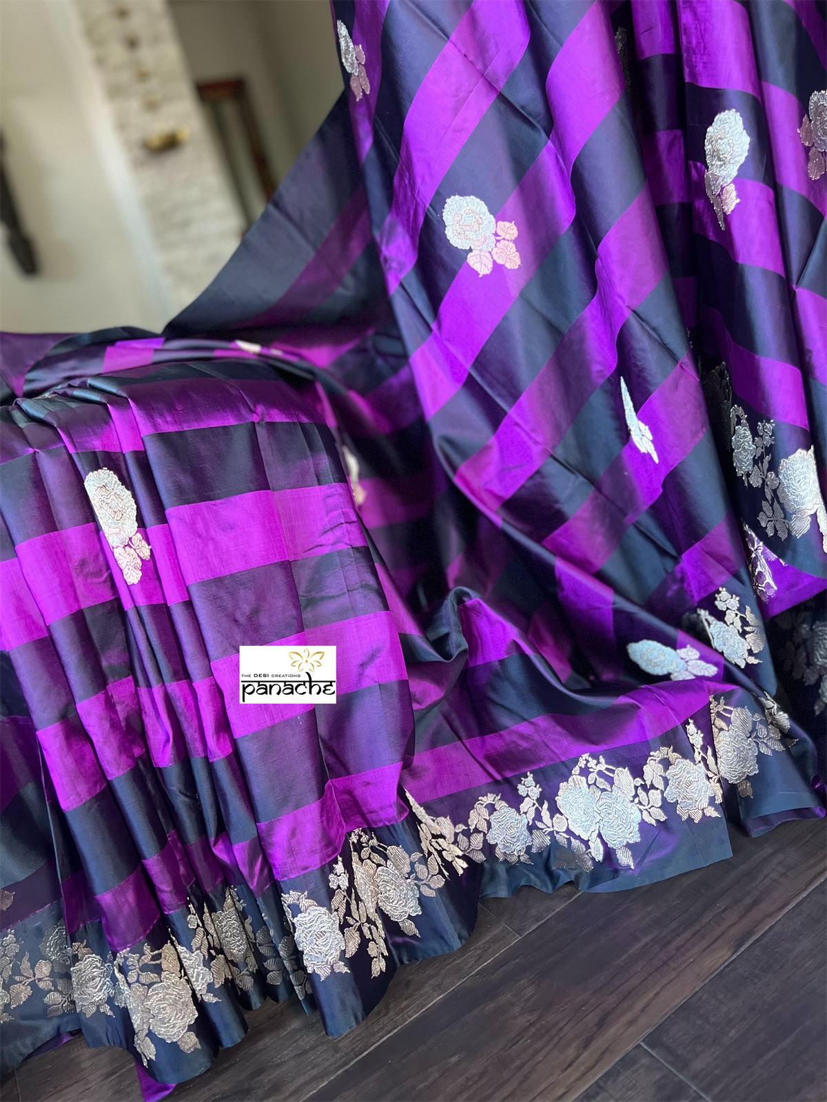 Pure Silk Mashru Banarasi- Black Purple Antique Zari