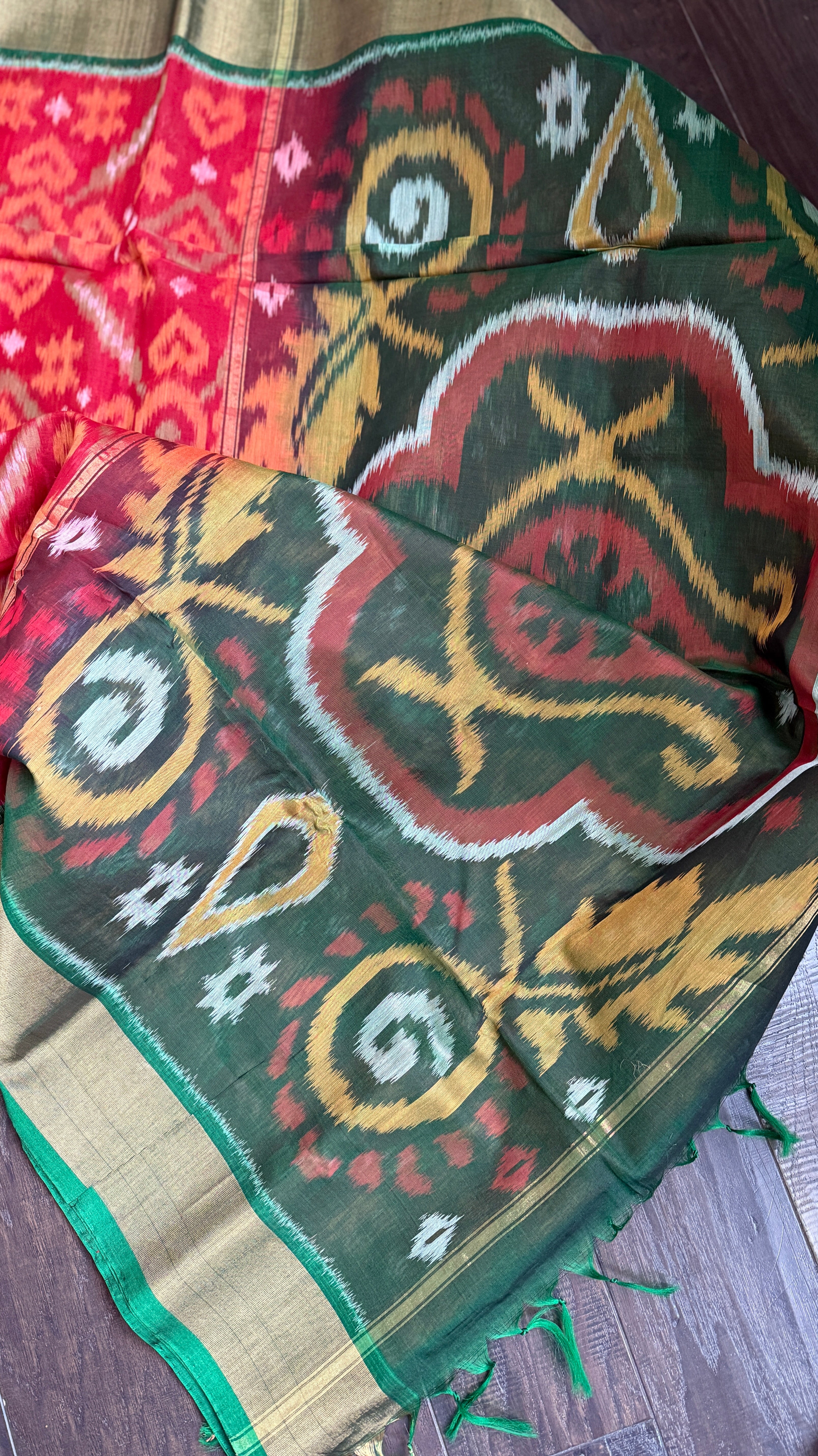 Pure Cotton Silk Ikat - Red Green