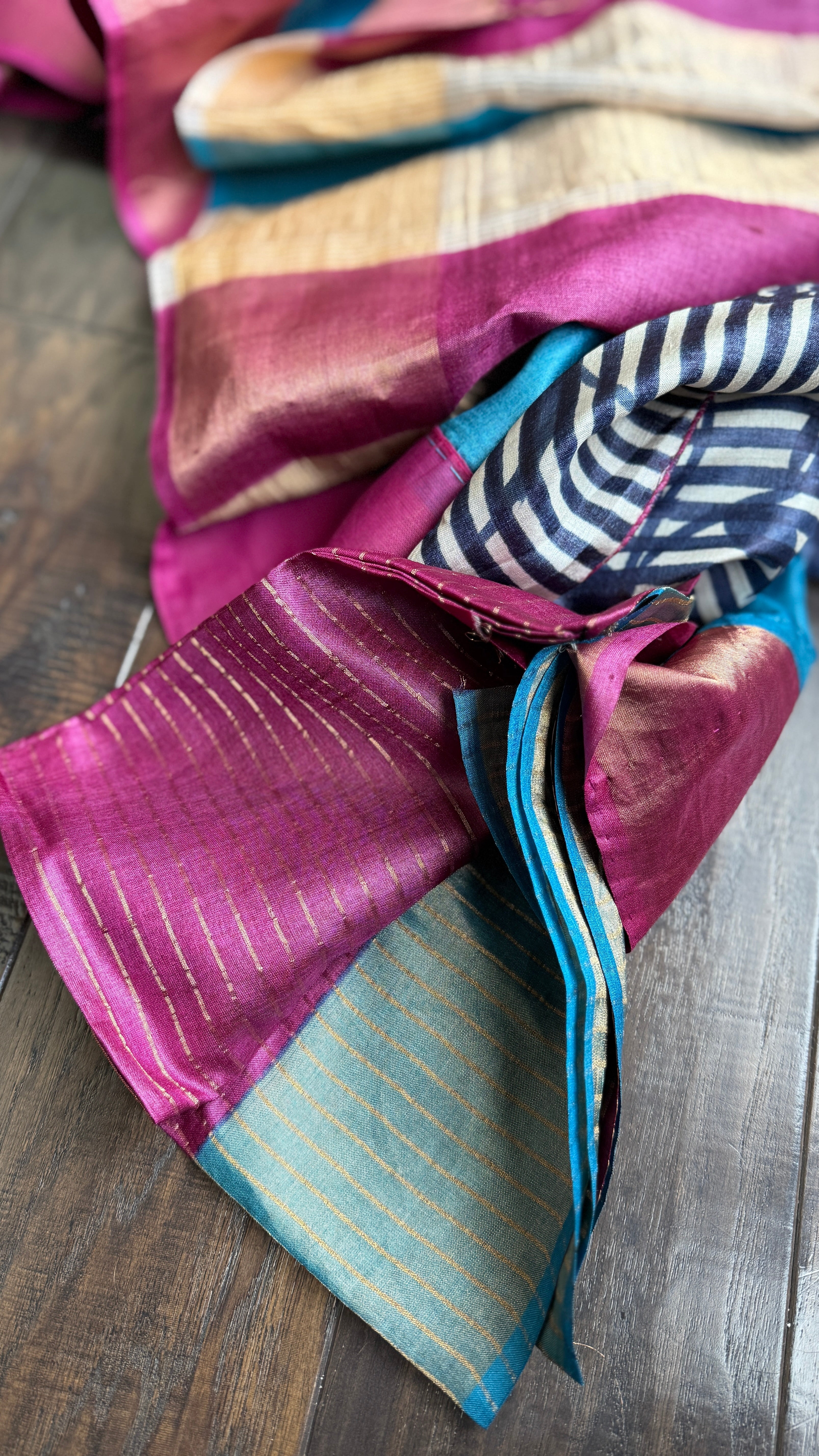 Pure Tussar Silk - Blue Firozi Magenta